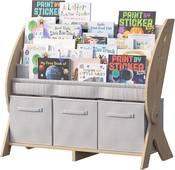 Kids Bookshelf with Drawers，2-in-1 Toddler Bookcase Fabric Cube Storage