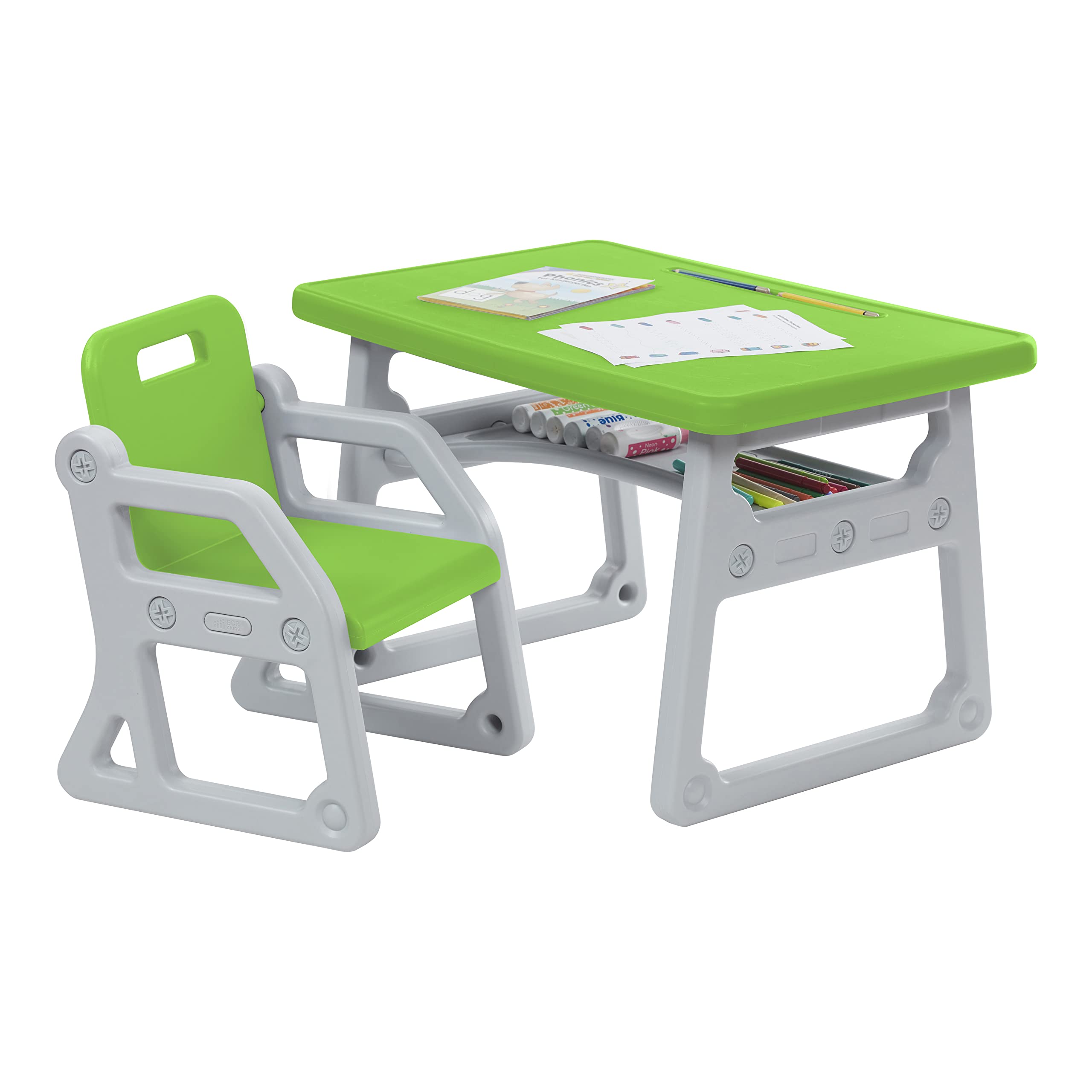 Toddler Plus Desk and Chair, Kids Furniture, Grassy Green/Light Grey