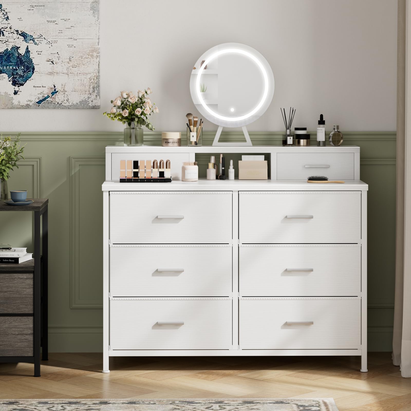 6 Drawer Fabric Dresser with Lighted Mirror and Charging Station