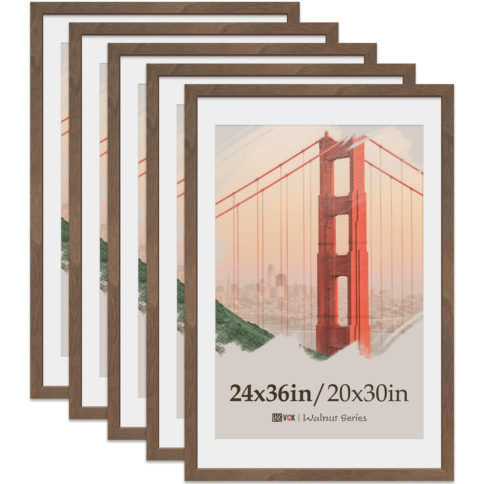 24x36 Poster Frame 5 Pack, Natural Wood Grain Brown Walnut,
