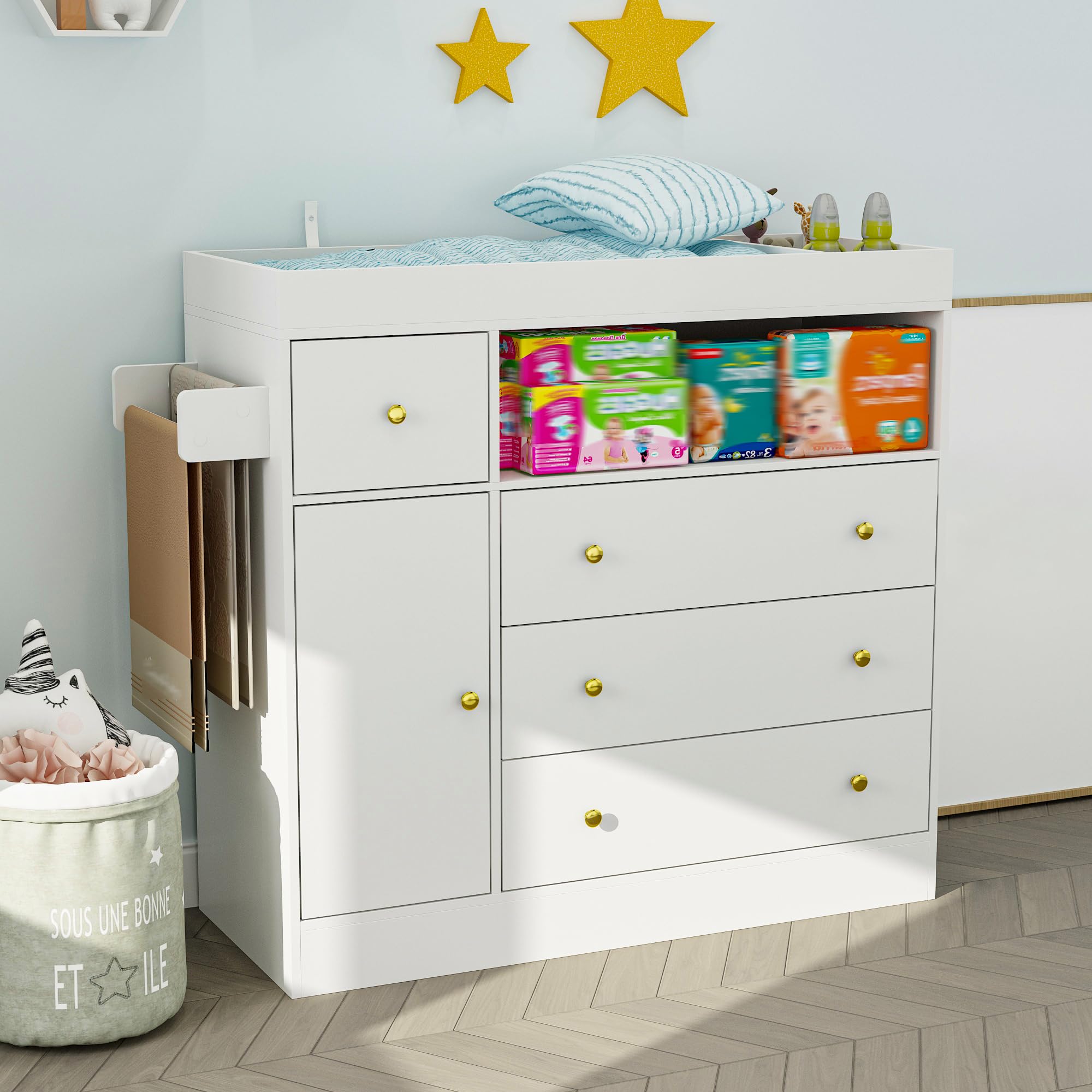 Nursery Dresser with Diaper Changing Tray & Towel Racks
