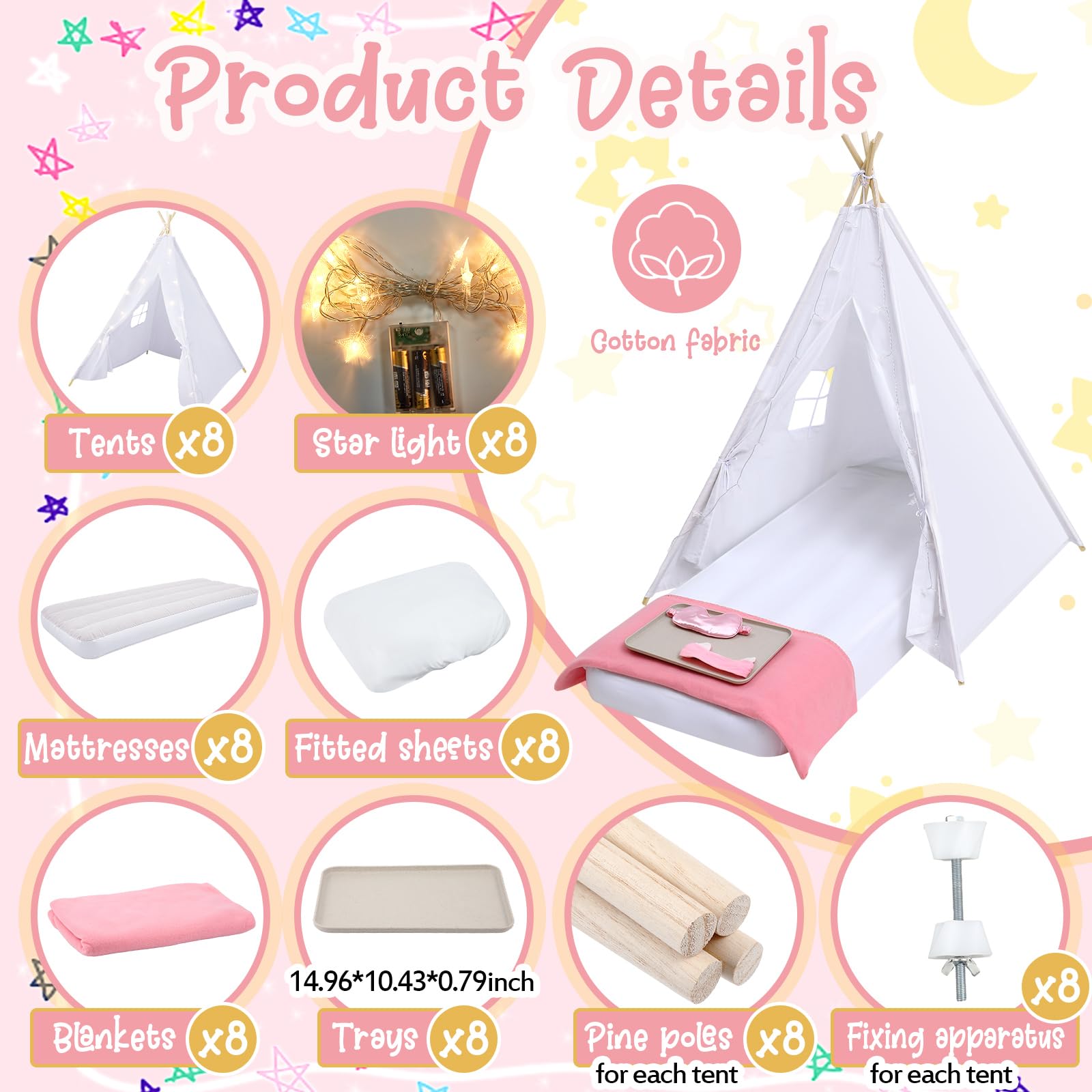 8 Pack Kids Teepee Tent Slumber Party Set with Mattress and Lights