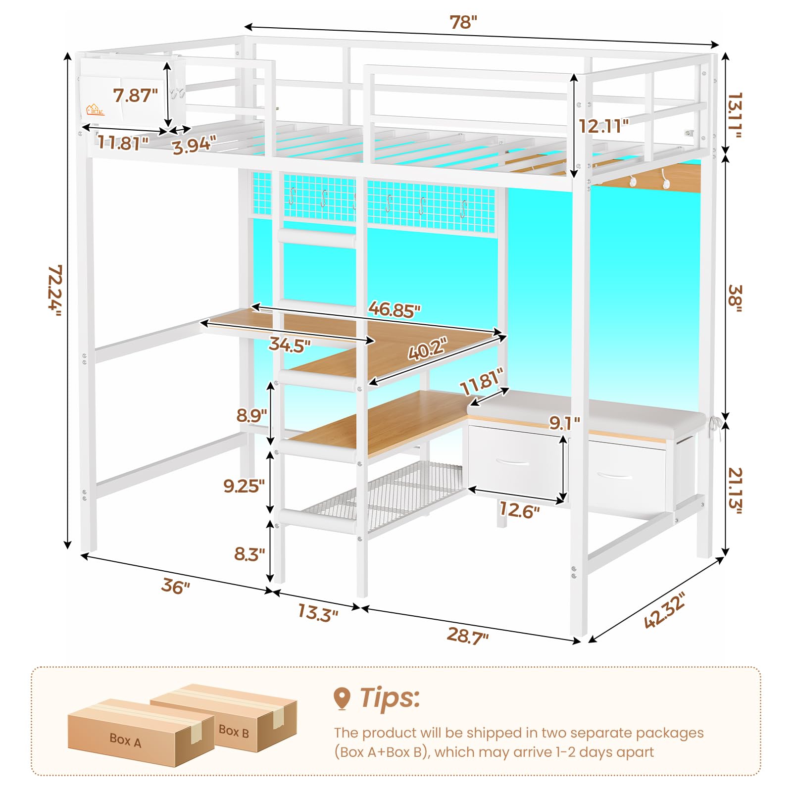 Twin Loft Bed with Desk and LED Lights