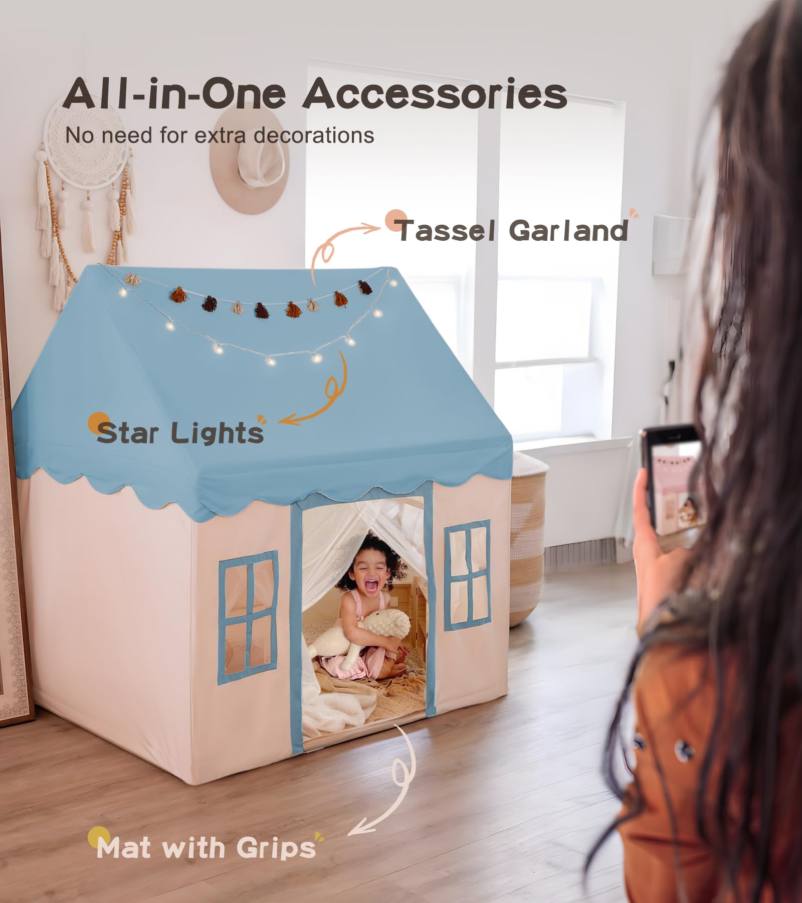 Large Kids Play Tent with Mat and Star Lights