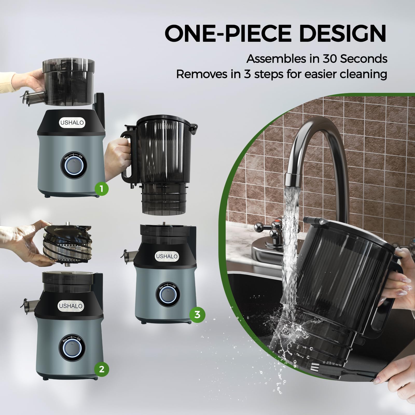 USHALO Cold Press Juicer, Juice Extractor Machine with 5.5" Extra Large Feed Chute, 300W Slow Masticating Juicer for Whole Vegetables and Fruits, 1.8L Auto-Feed Time-Saver, Easy to Clean