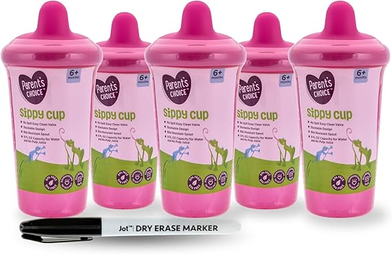 5-Pack Colorful Sippy Cups with Dry Erase Marker & Bonus Sticker – Spill-Proof