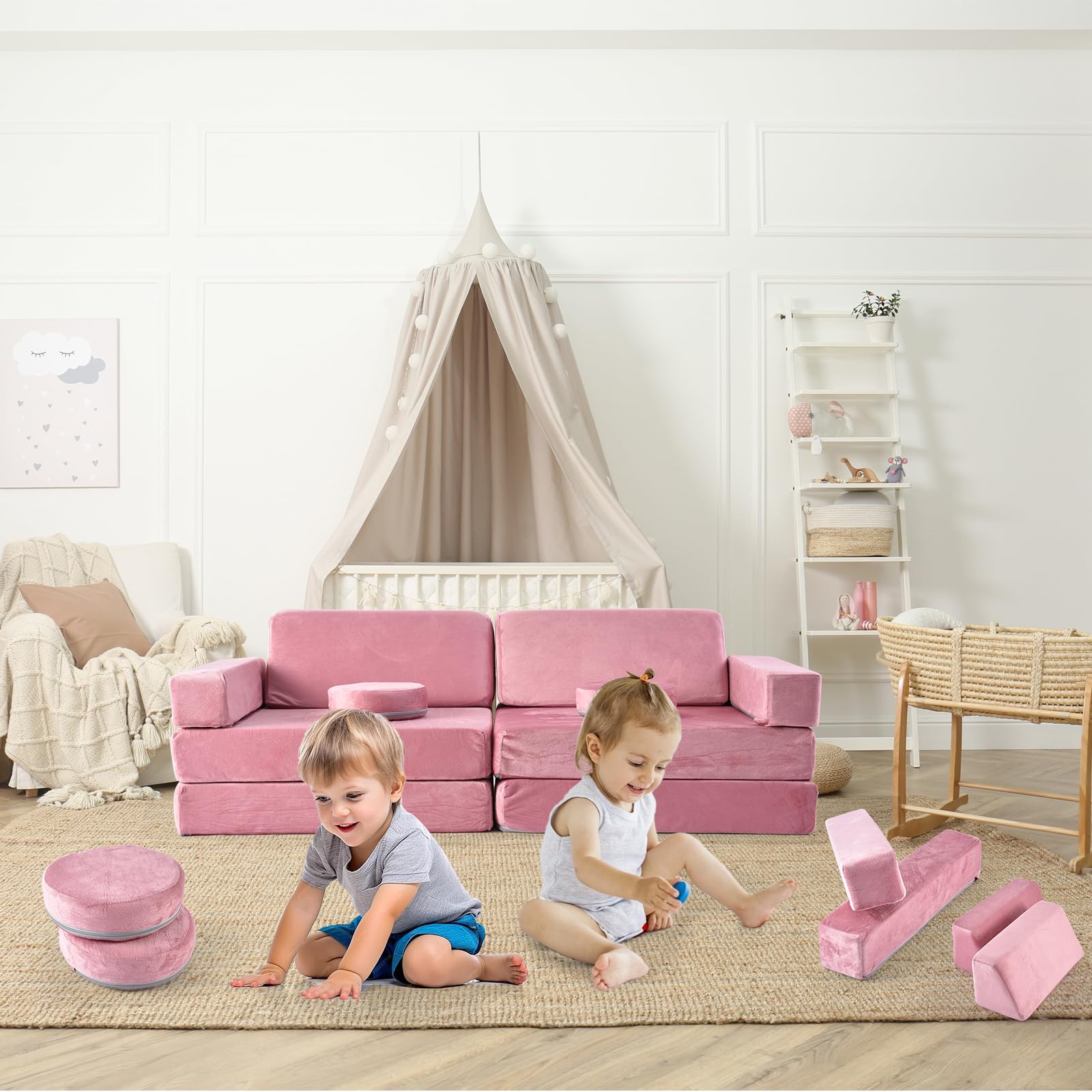 Kids Play Couch, 10 Pcs Toddler Sofa, Foam Modularized Convertible Set for Playroom