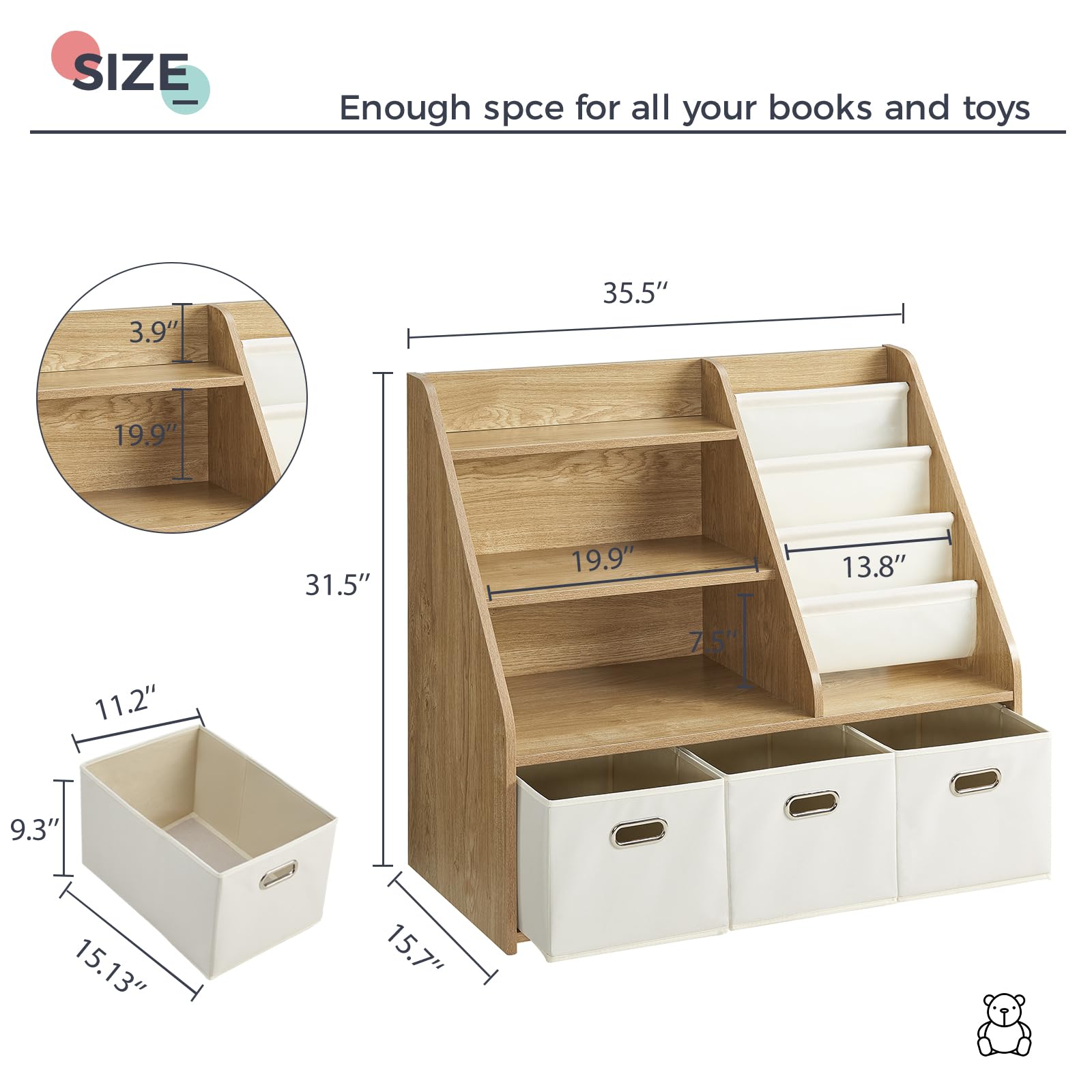 Kids Bookshelf with Storage Bins and Display Shelf