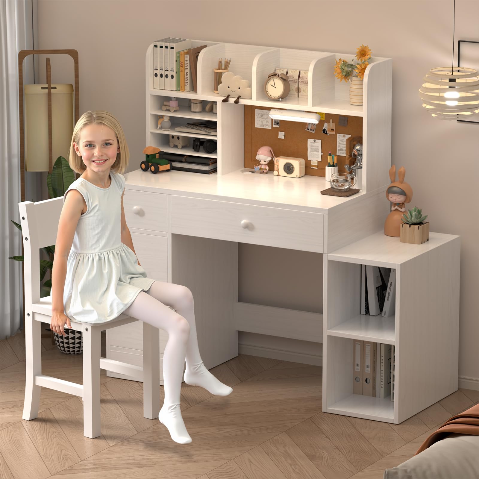 Kids Study Desk and Chair Set with LED Light and Storage