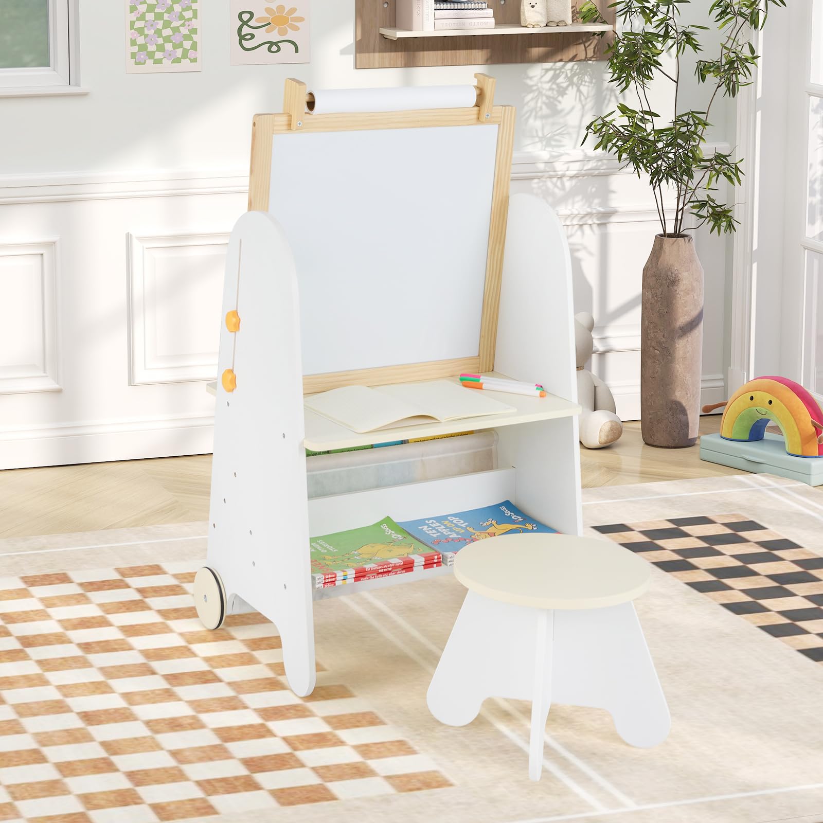 Costzon Easel for Kids, 4 in 1 Toddler Activity Table & Stool Set with Magnetic Whiteboard, Chalk Board, Paper Roll, Art Supplies, Large Desktop and Bookshelves, Kids Art Easel for Boys Girls (Beige)