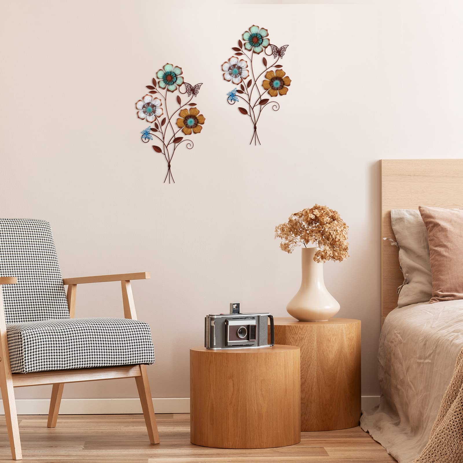 Tricolor Flower Metal Wall Art Decor Set