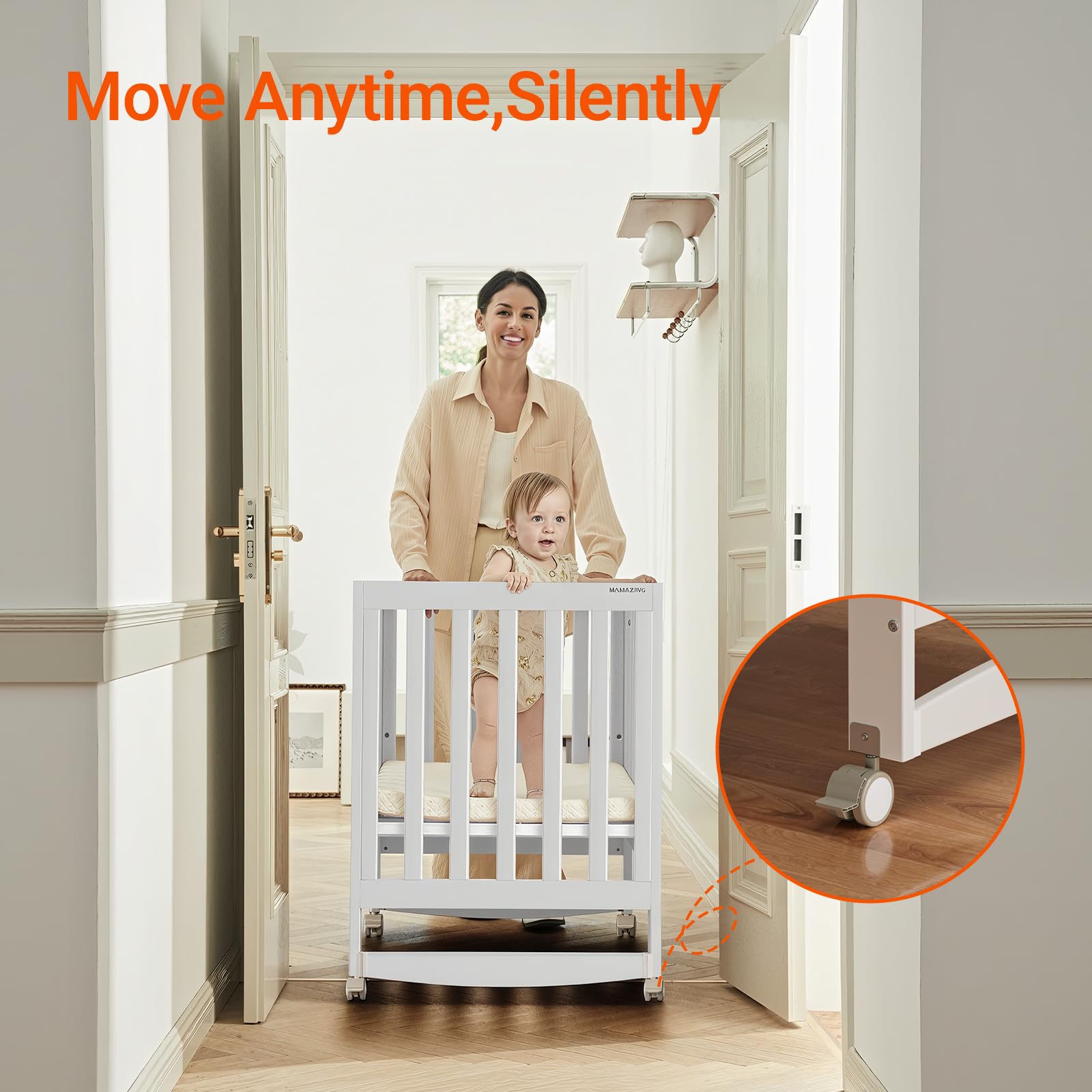 6-in-1 Convertible Baby Crib with Wheels