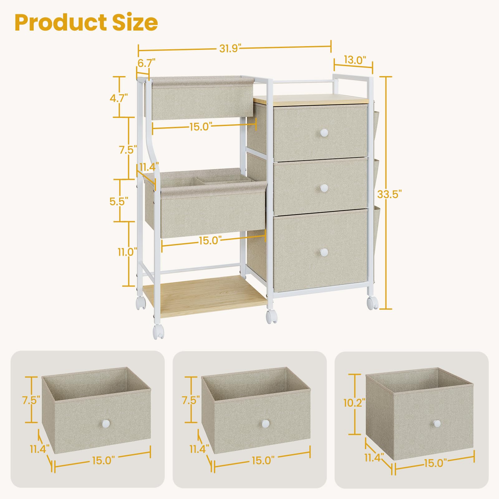 3-Tier Rolling Baby Organizer Cart with Dividers and Drawers