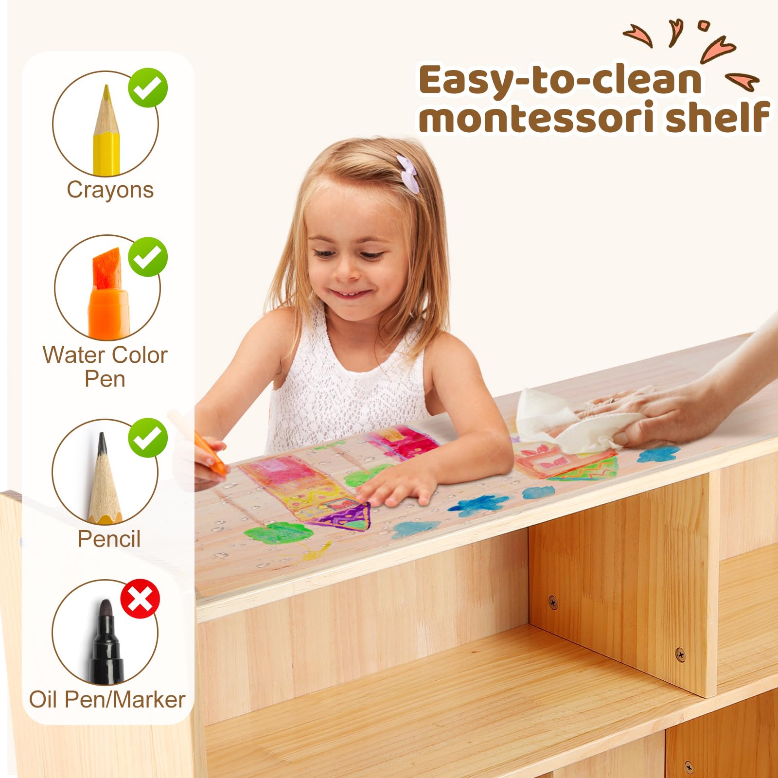 Montessori Wooden Toy Storage Shelf with Bookshelf and Storage Bins
