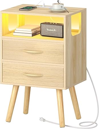 LED Night Stand with Charger Station, Mid Century Modern