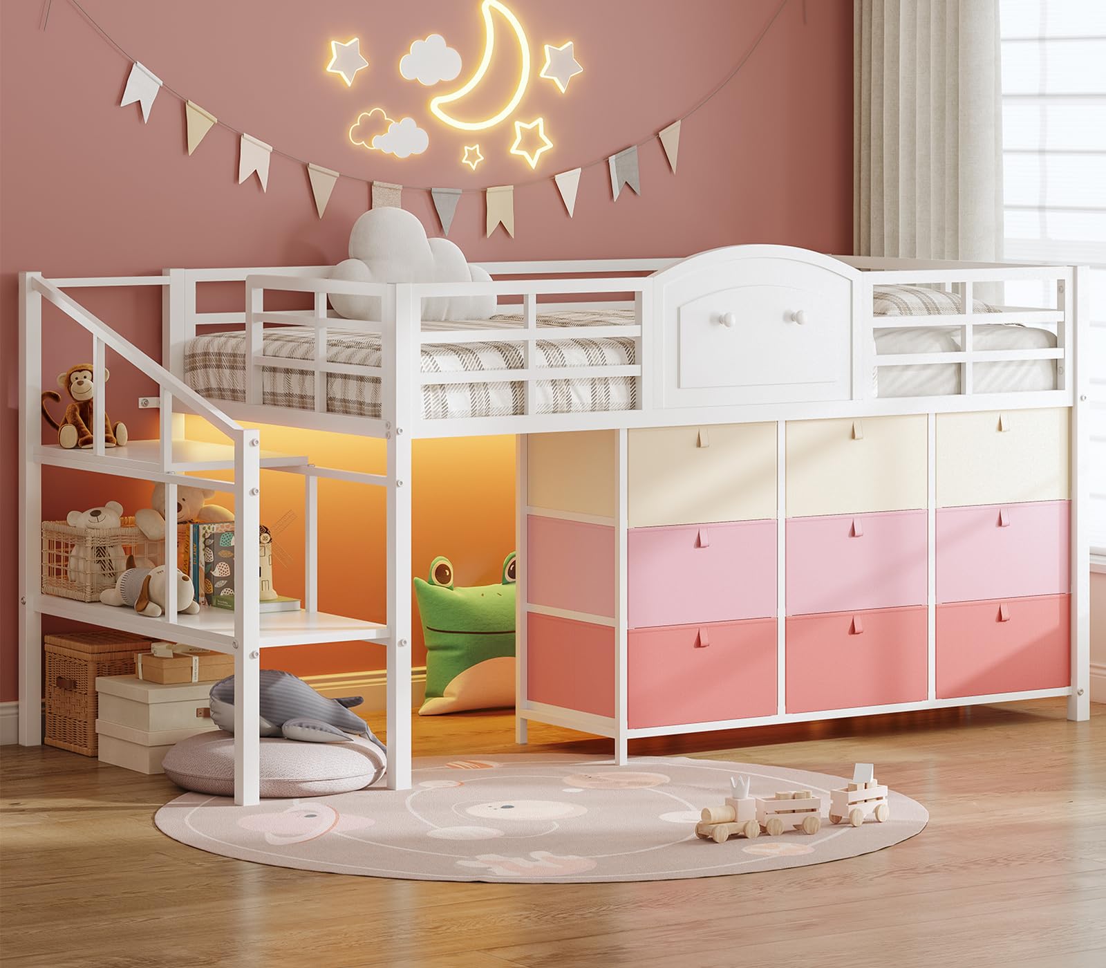 Low Loft Bed Twin with Storage Drawers and LED Lights