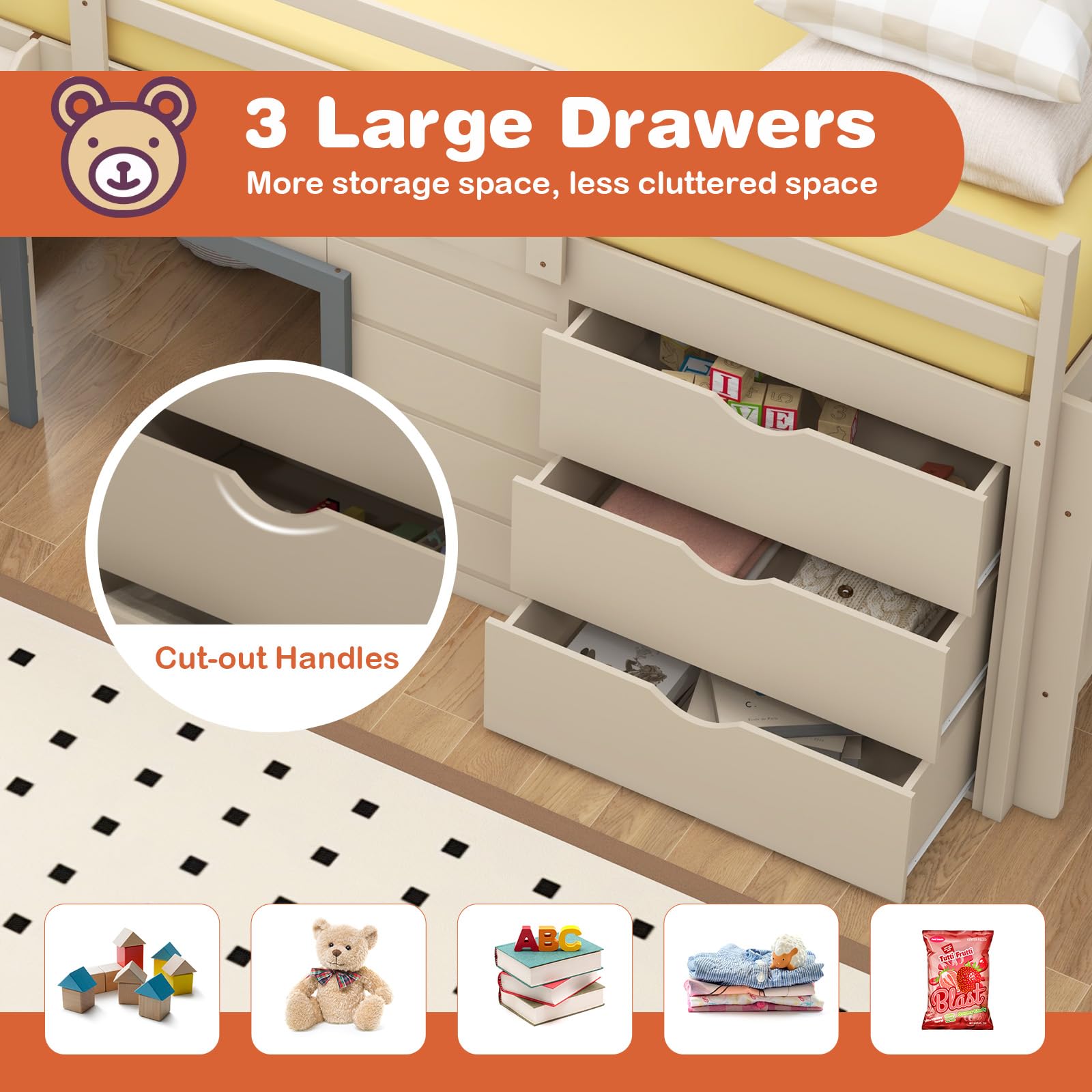 Twin Low Loft Bed with Slide and Storage Drawers