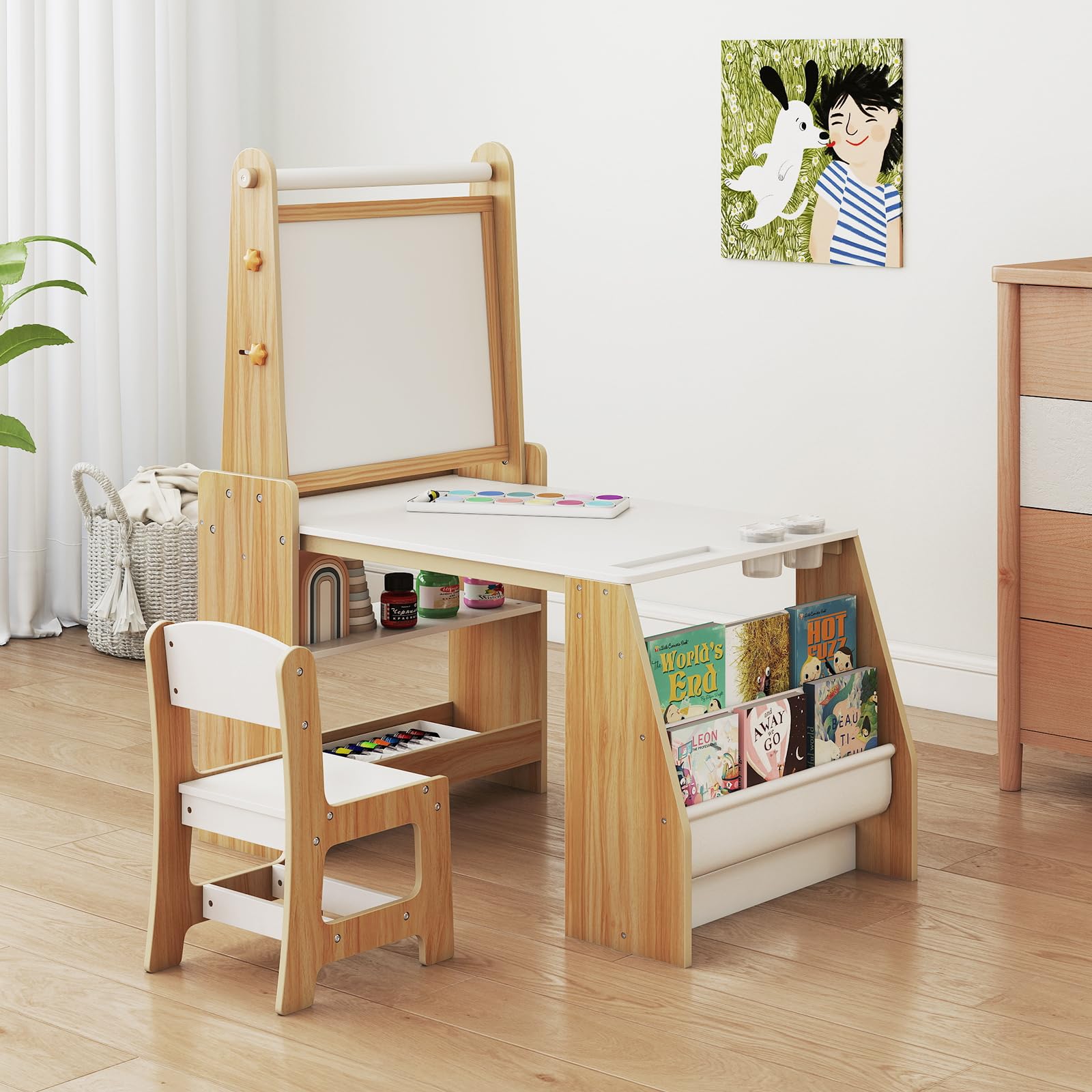 Kids Art Table and Chair Set, 4 in 1 Wooden Easel Activity Desk Set w/Whiteboard