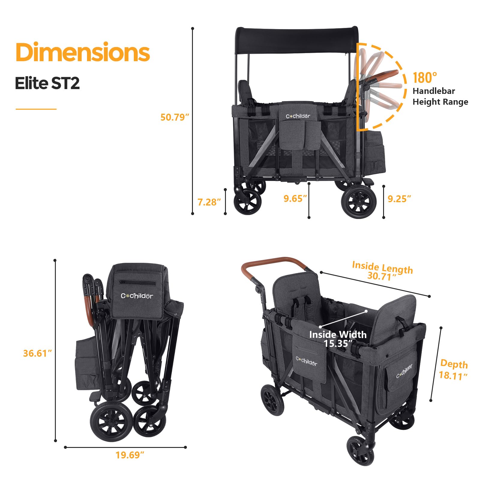 Elite 2 Seater Wagon Stroller with Removable Canopy and Safety Harness