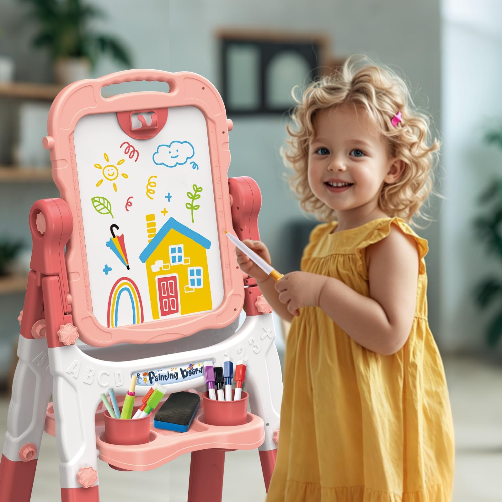 AuntyFey Easel for Kids, Toddler Easel, Double-Sided Chalk Board Kid, White Board, Kid Art Easel, Art Easel Age 4-8, Christmas Gift, Pink&Purple, Red&Pink