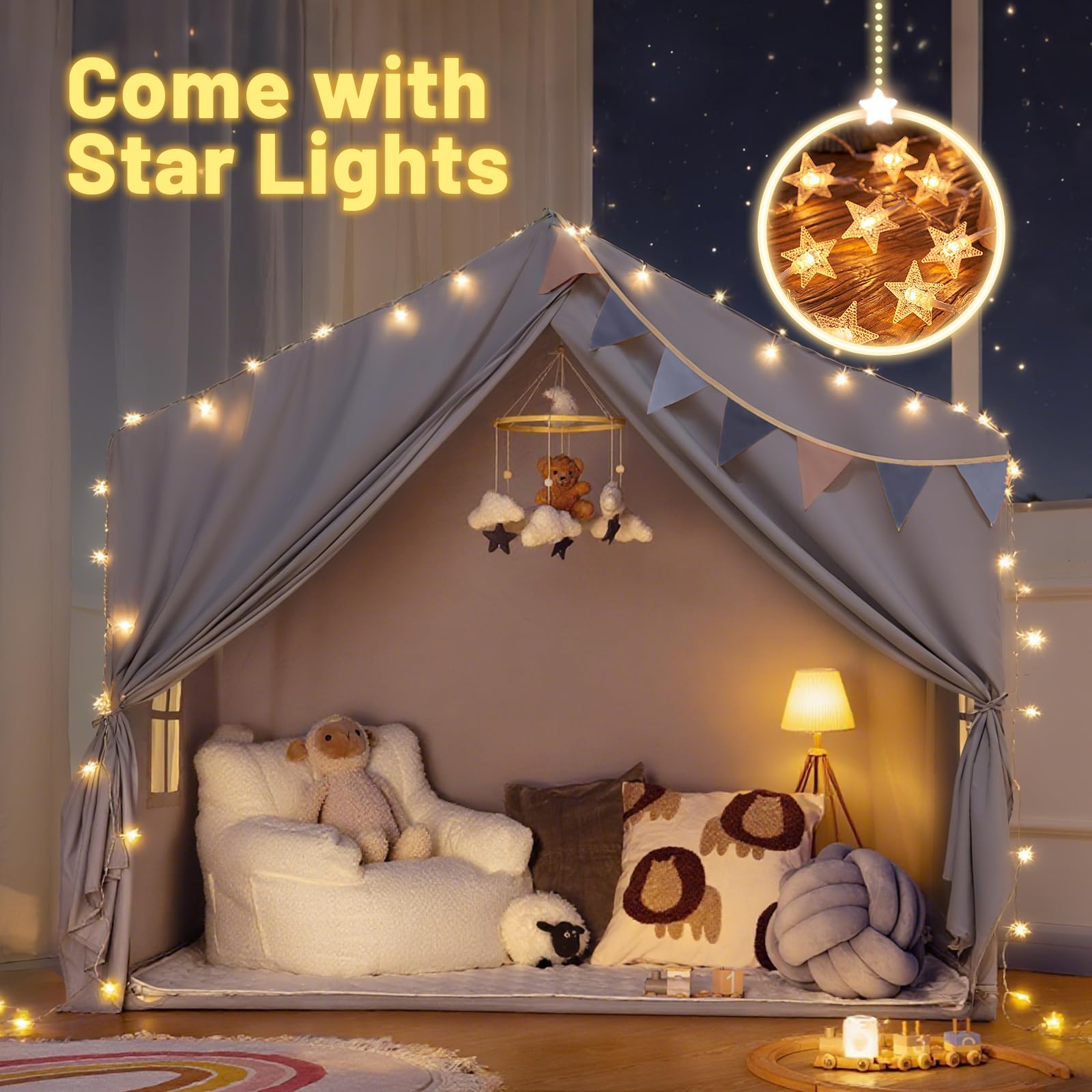 Kids Play Tent with Mat and Star Lights