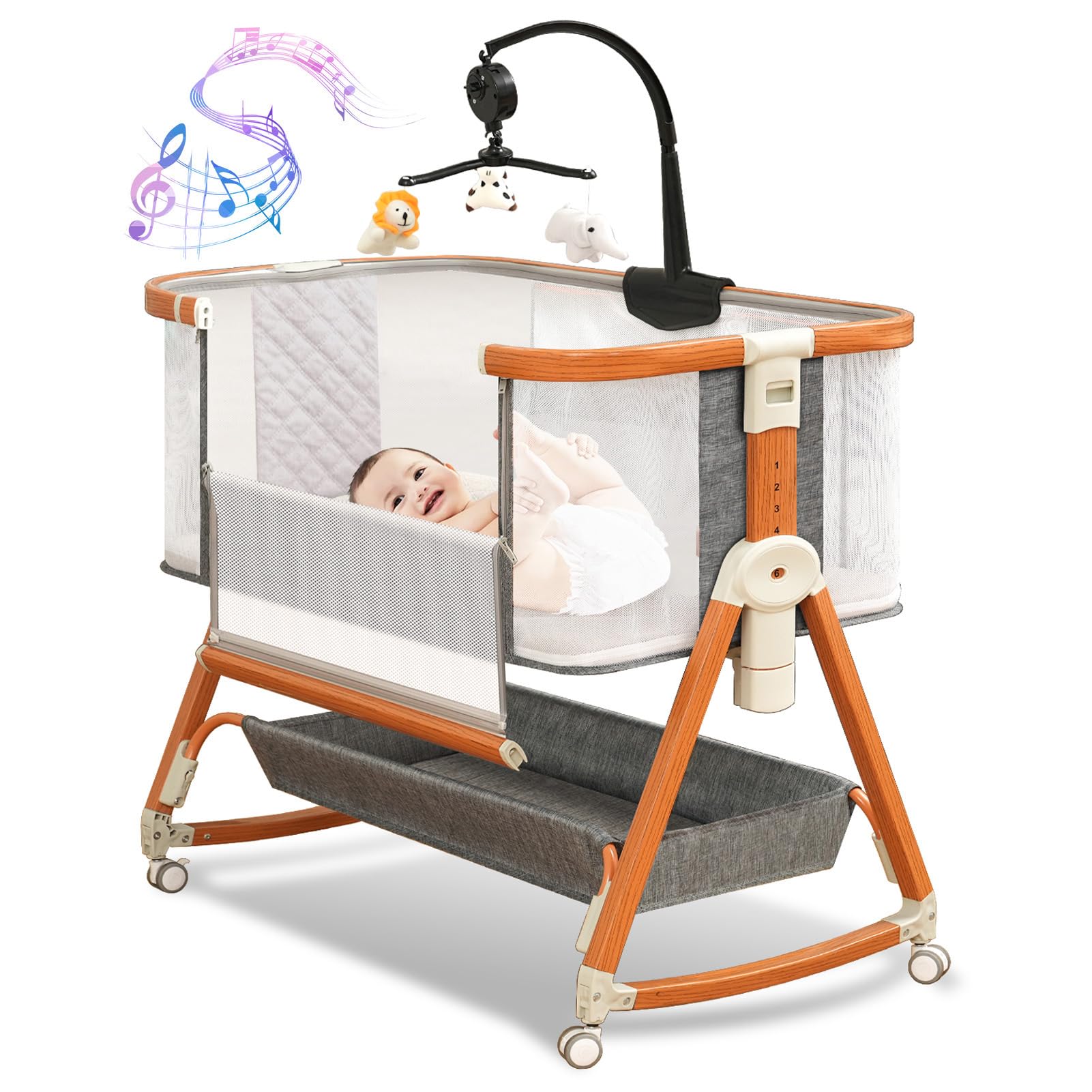 Adjustable Bedside Bassinet with Musical Toys