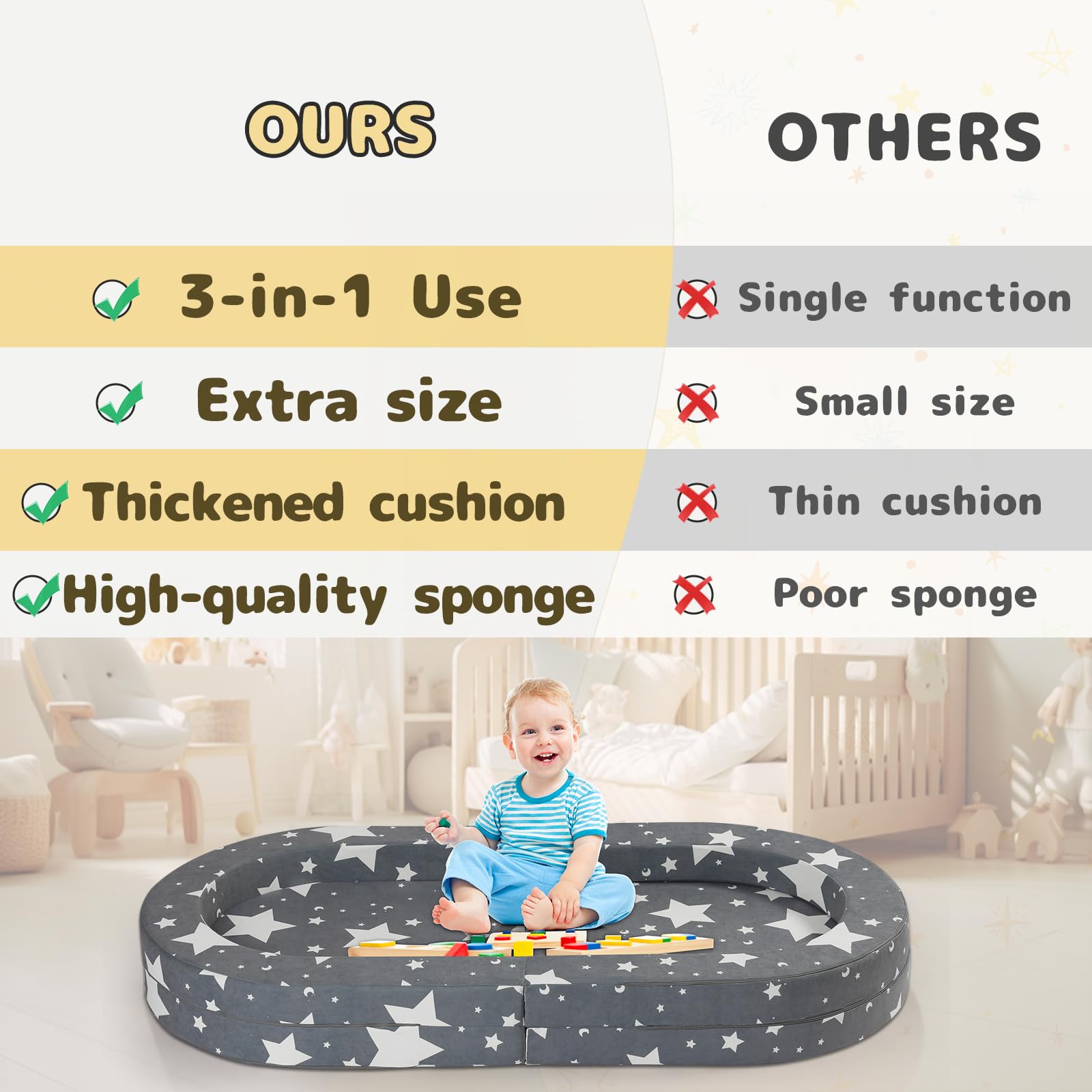 3-in-1 Portable Toddler Travel Bed with Washable Cover