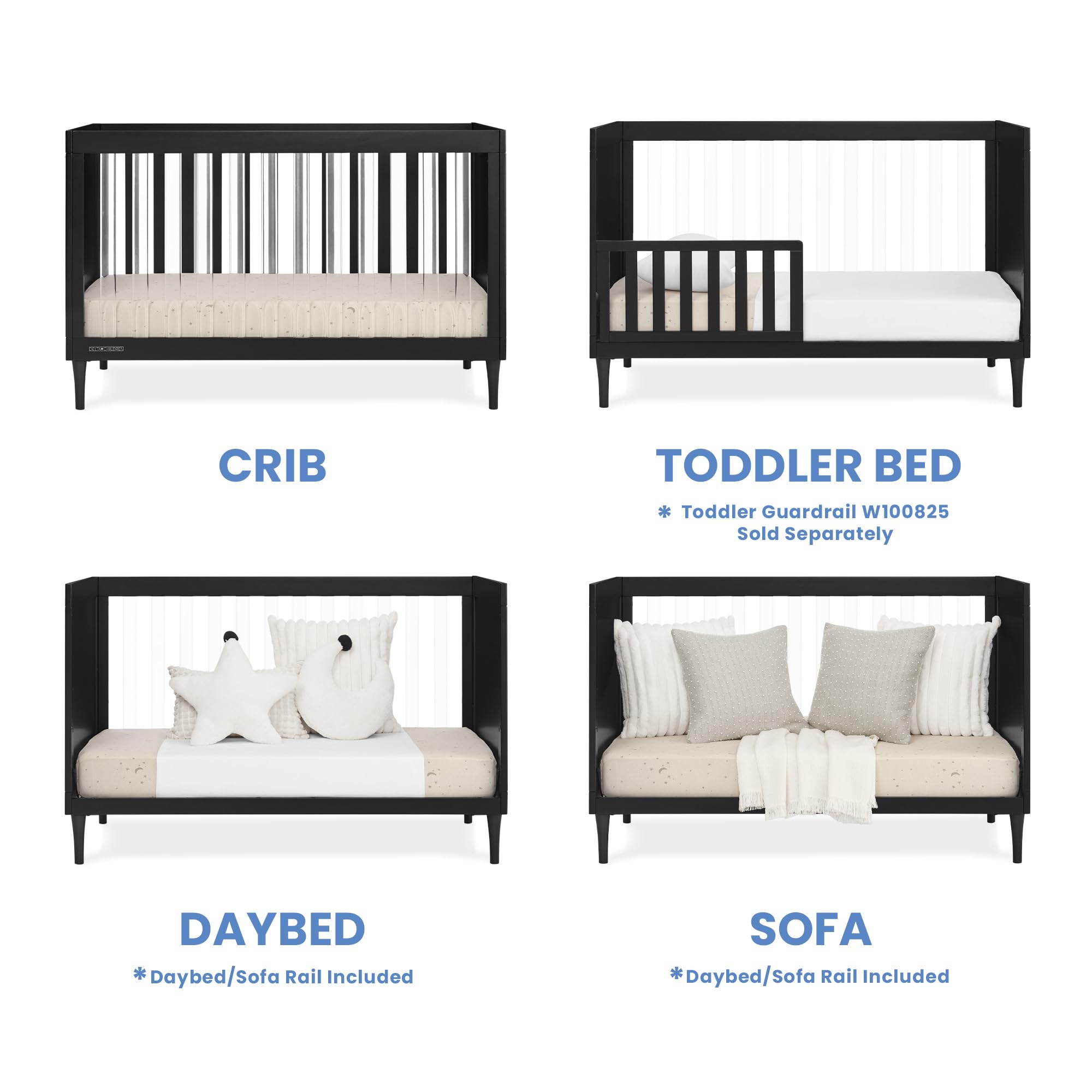 4-in-1 Convertible Acrylic Crib with Adjustable Mattress Heights