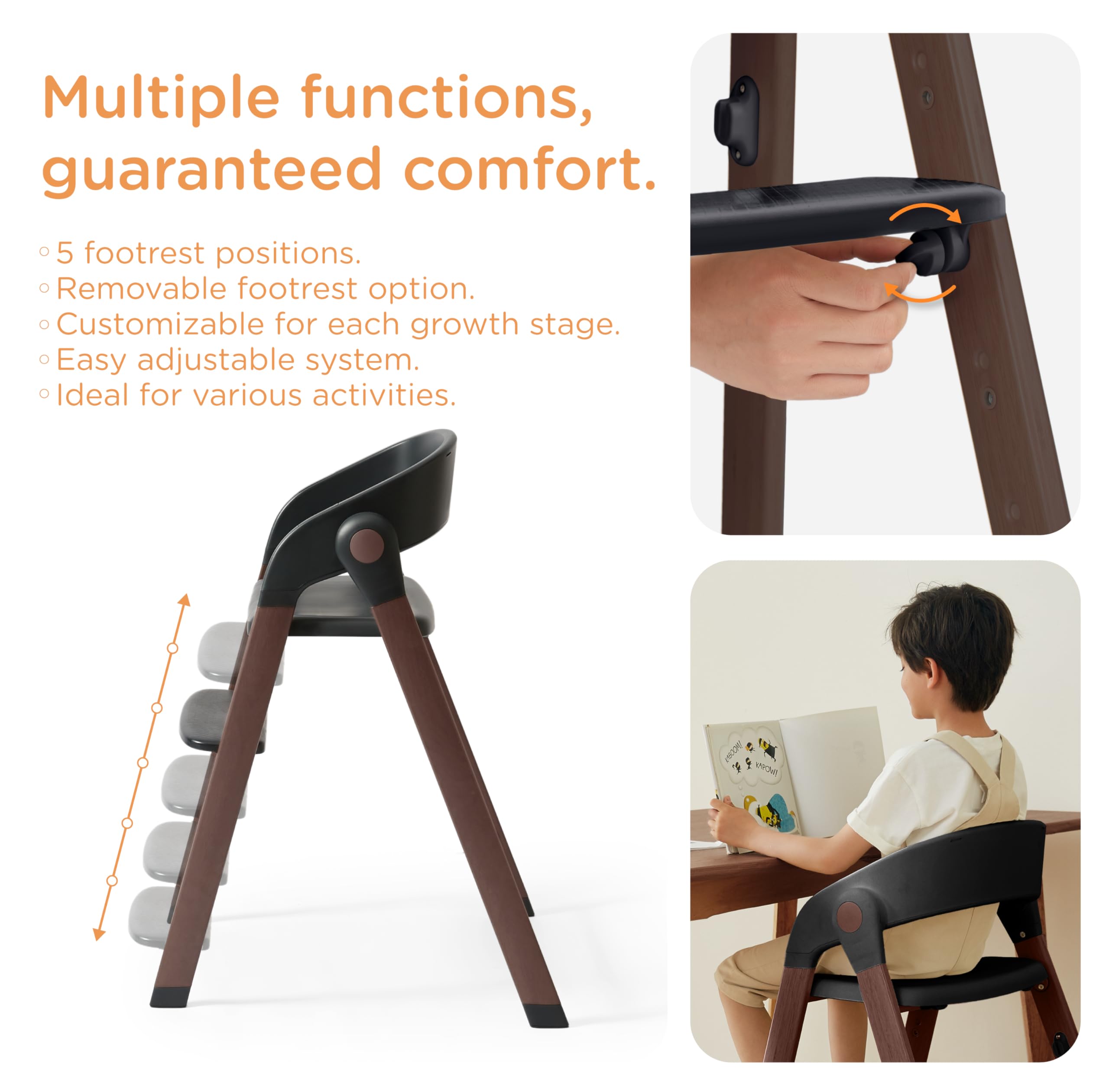 Adjustable Foldable High Chair with Wood-Printed Metal Frame and Removable Tray