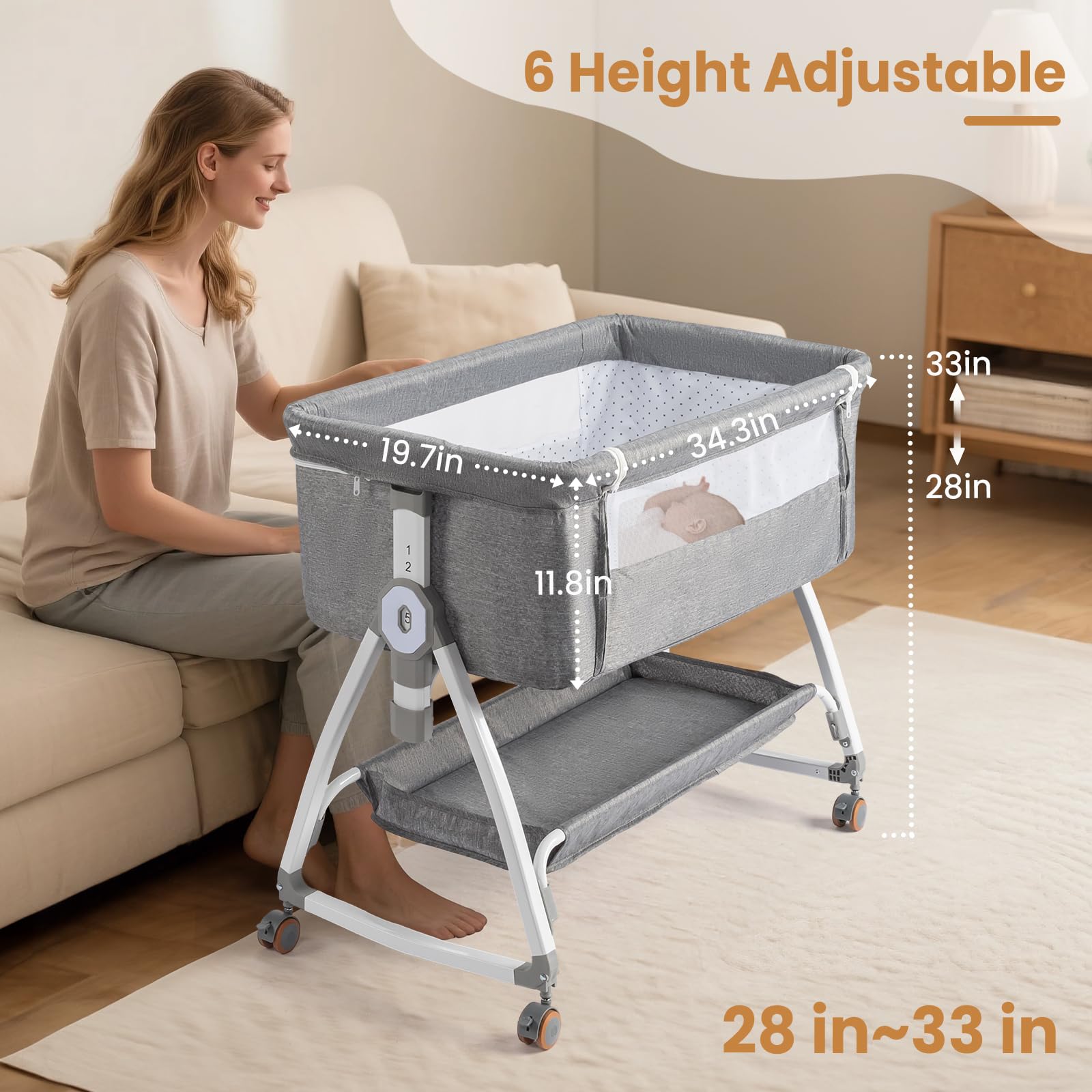 JOYMOR Baby Bassinet with Changing Table, Bedside Bassinet for Baby with Comfy Mattress and Wheels, 6 Height Adjustable Easy Folding Portable Bedside Crib for Newborn (Gray)