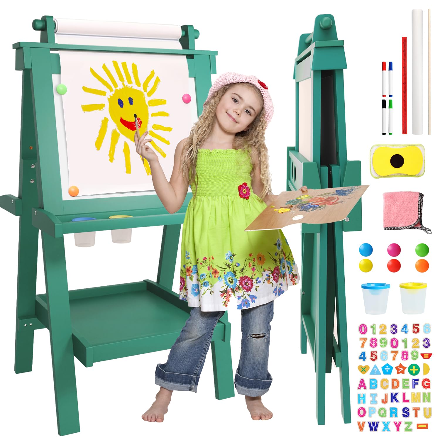 Kids Art Easel Foldable All-in-1 Magnetic Chalkboard Whiteboard with Paper Roll