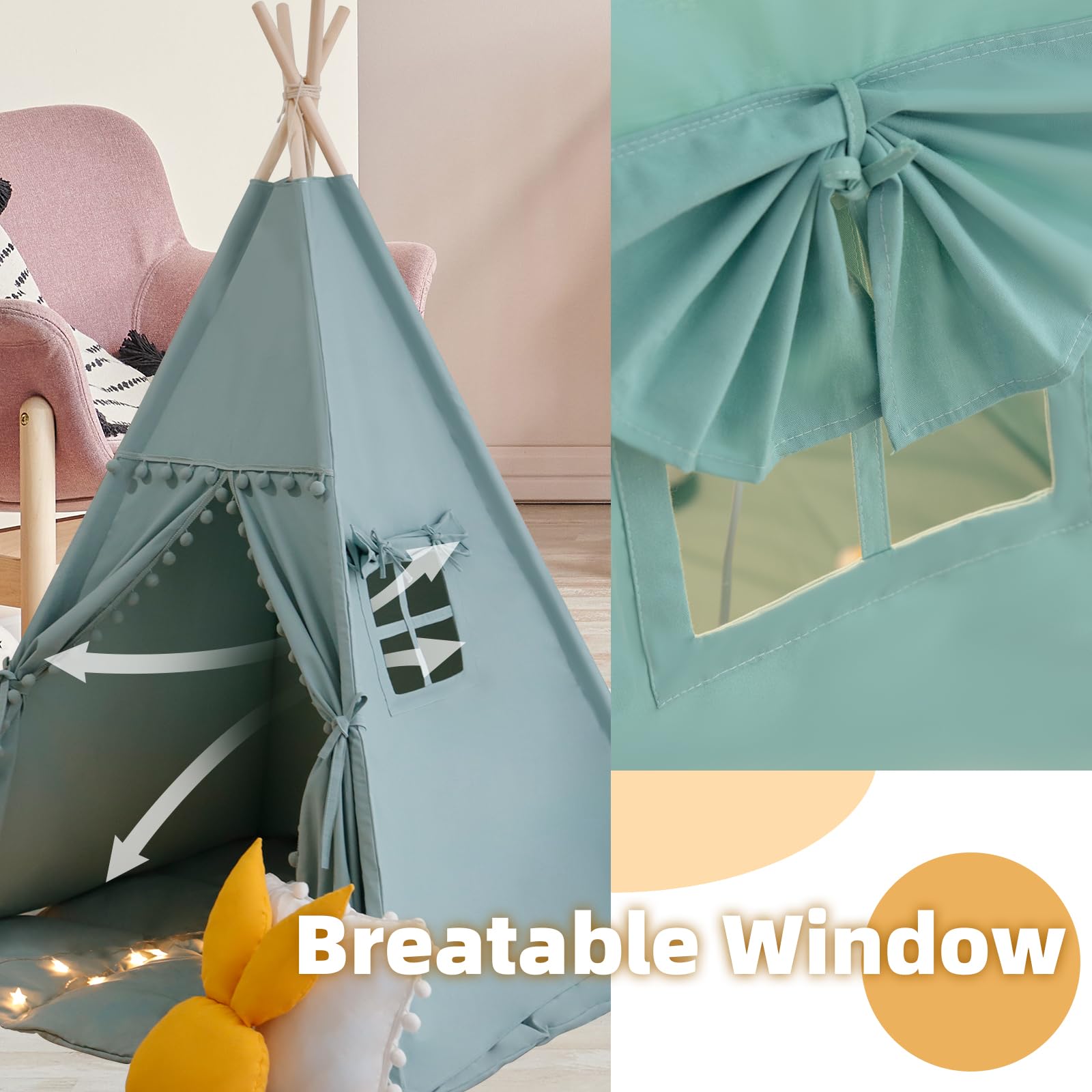 Kids Cotton Canvas Teepee Tent with Mat and Star Lights