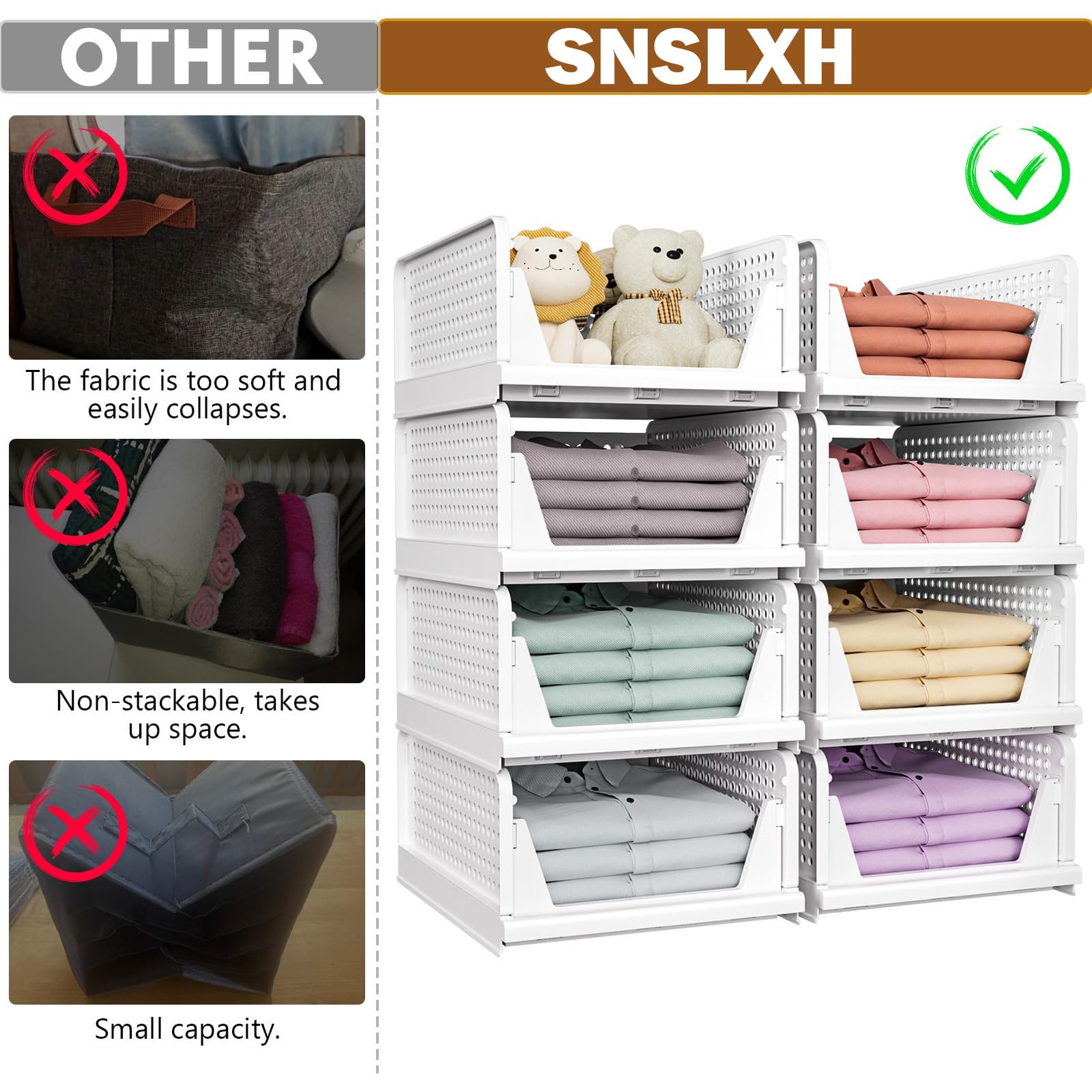 Stackable Closet Storage Basket - 5 Pack Foldable Organizer Bins