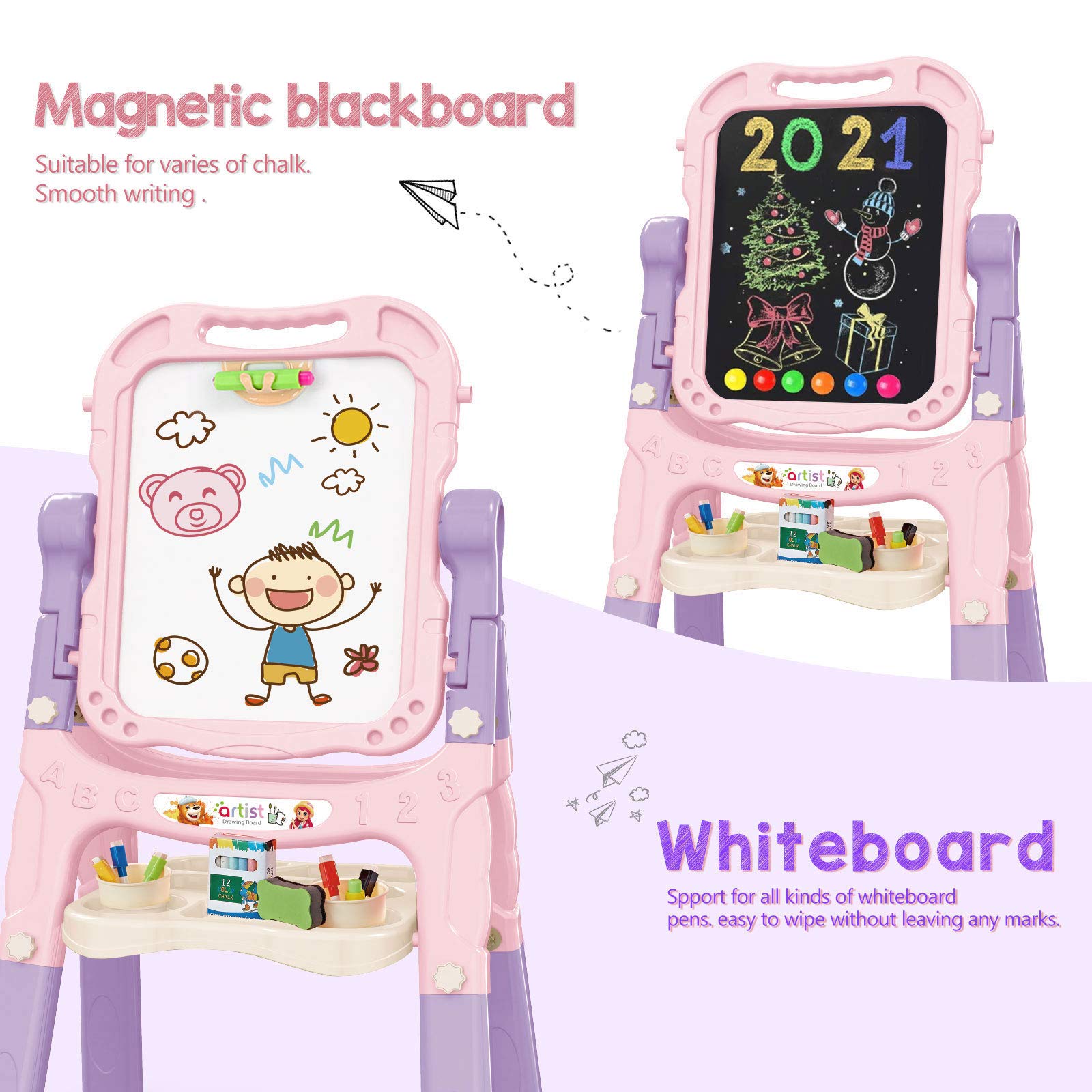 Art Easel for Kids, Adjustable Standing Rotatable Double Sided Easel with Painting Accessories for Toddlers Boys and Girls-Pink