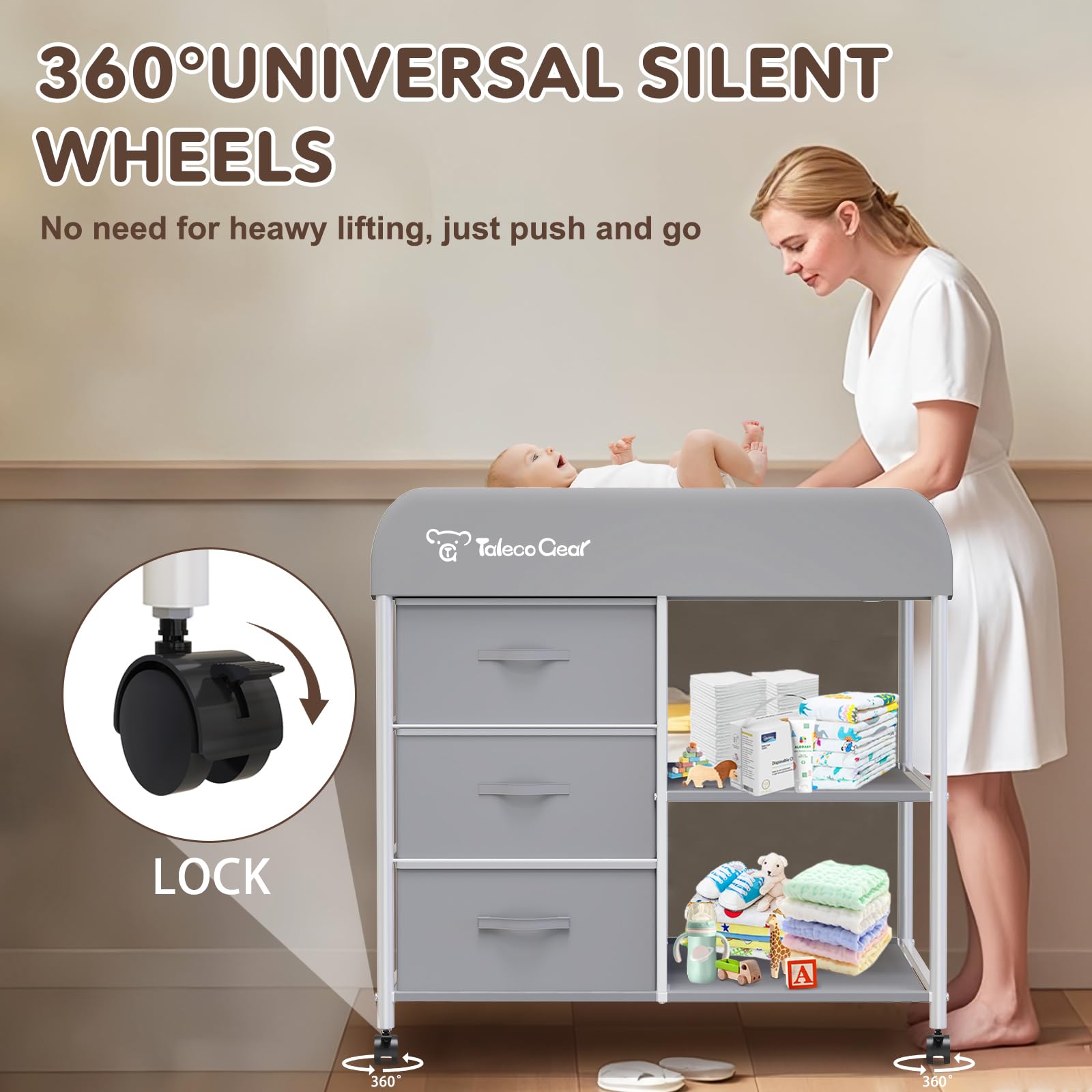 Portable Baby Changing Table with Wheels and Storage Baskets