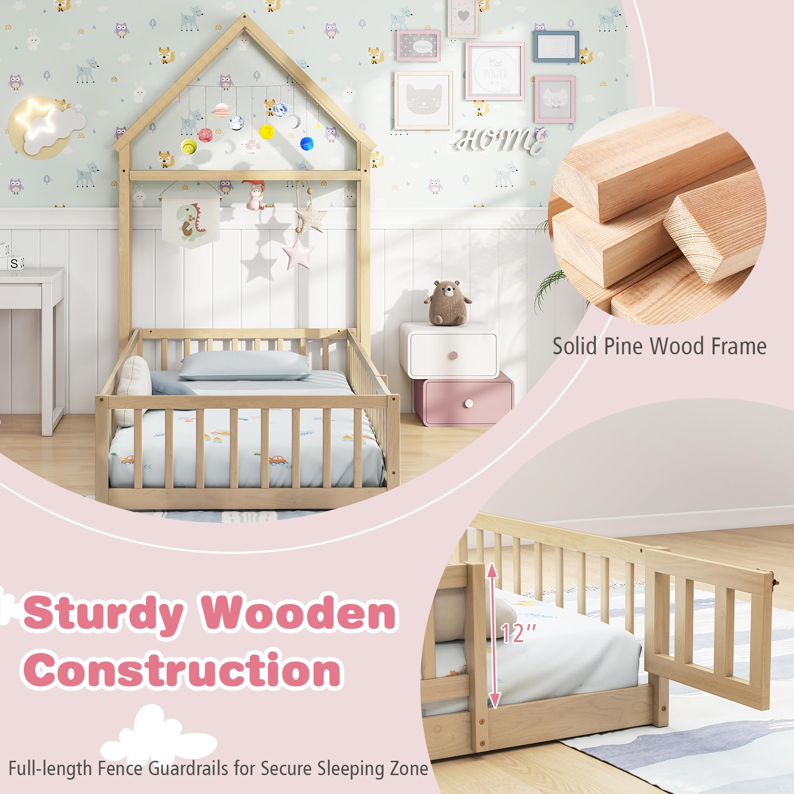 Twin House Floor Bed with Safety Rails and Clothes Hanger