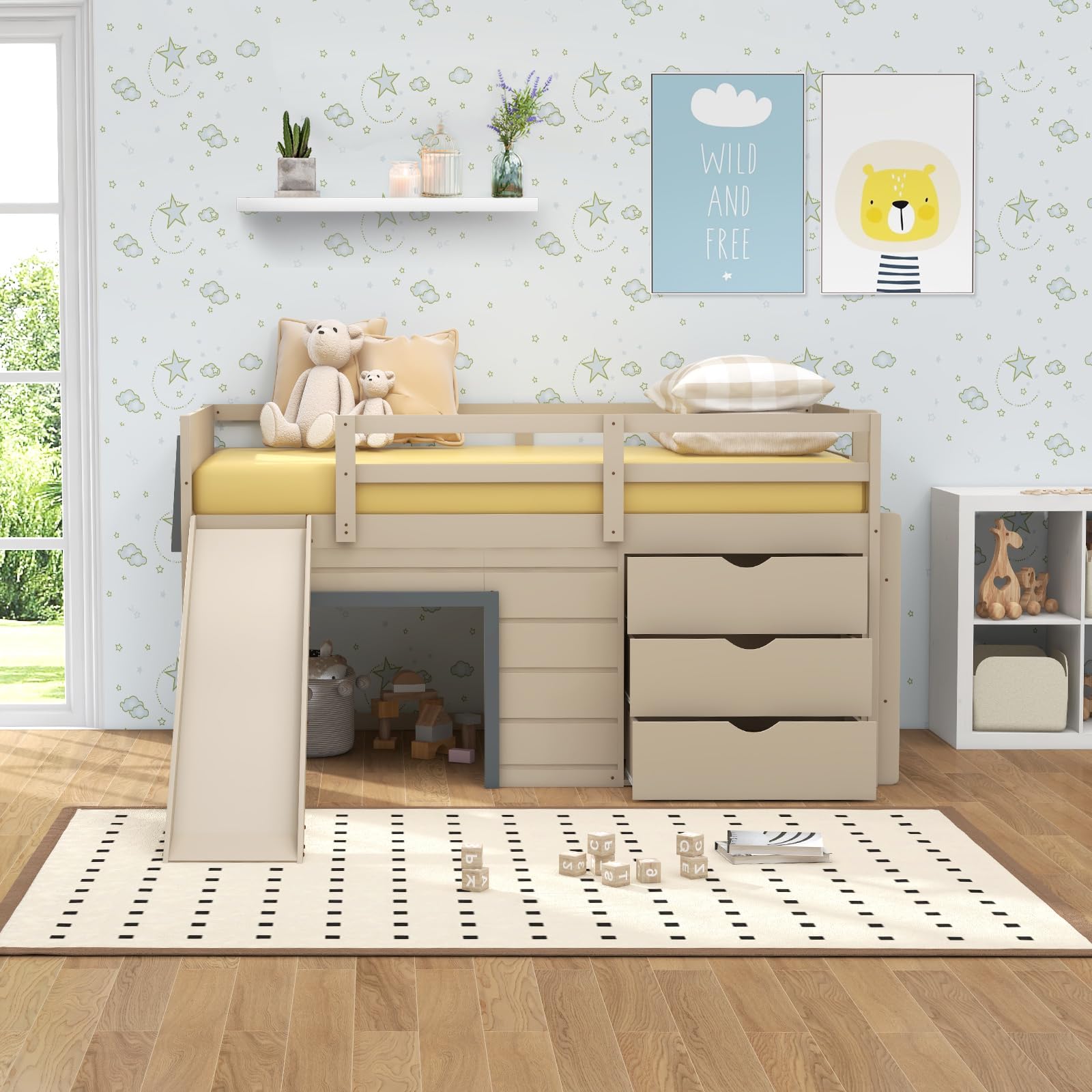 Twin Low Loft Bed with Slide and Storage Drawers