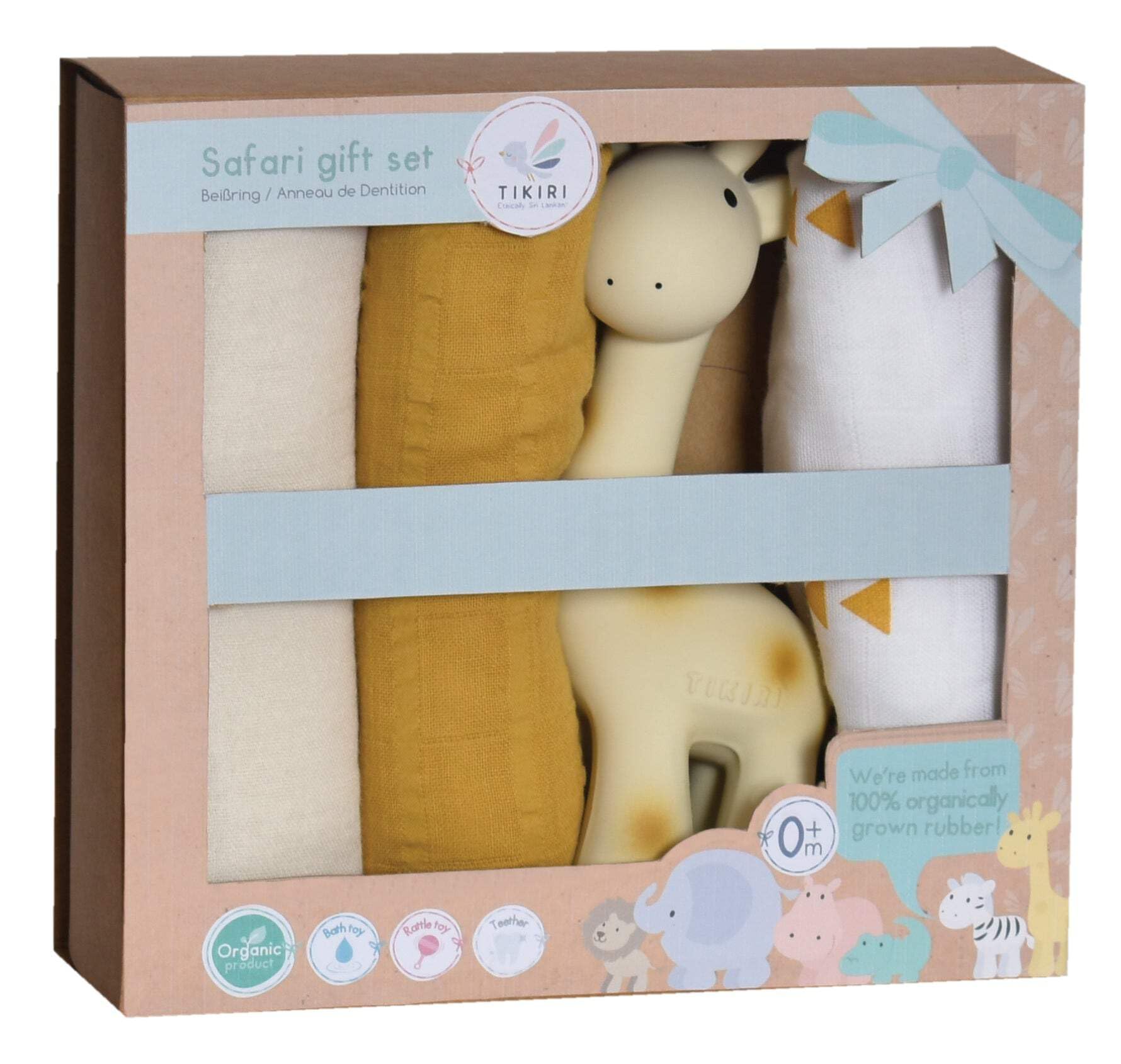 Three Muslin Squares with Giraffe Rubber Teether