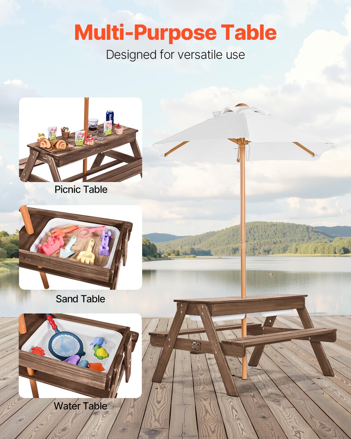 Kids Picnic Table with Umbrella 3-in-1 Sand Water Table Outdoor Wooden Bench Set