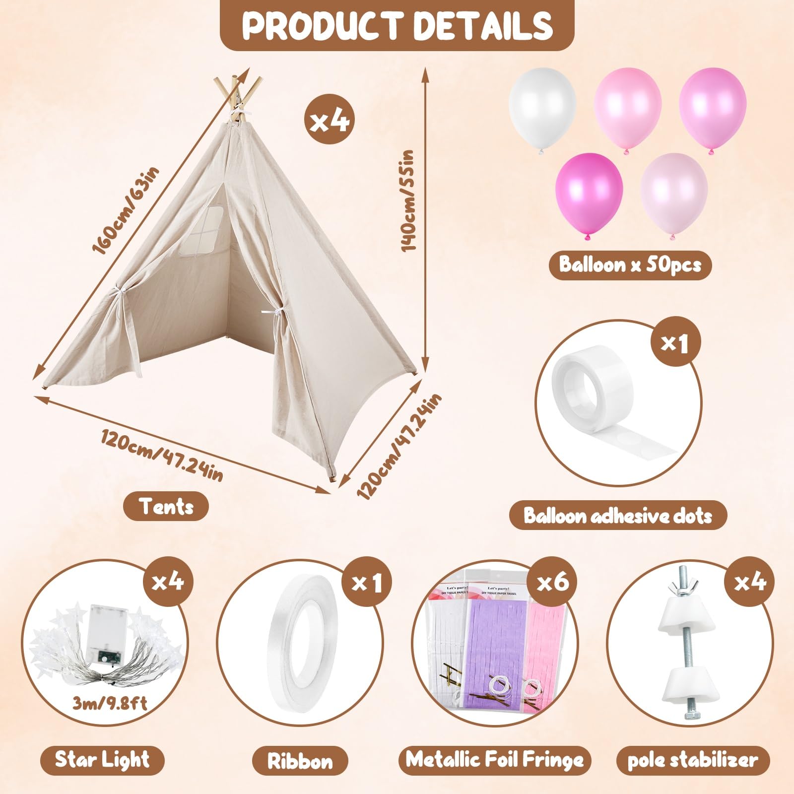 Kids Teepee Tent Set for Slumber Parties - 4 Pack with Lights
