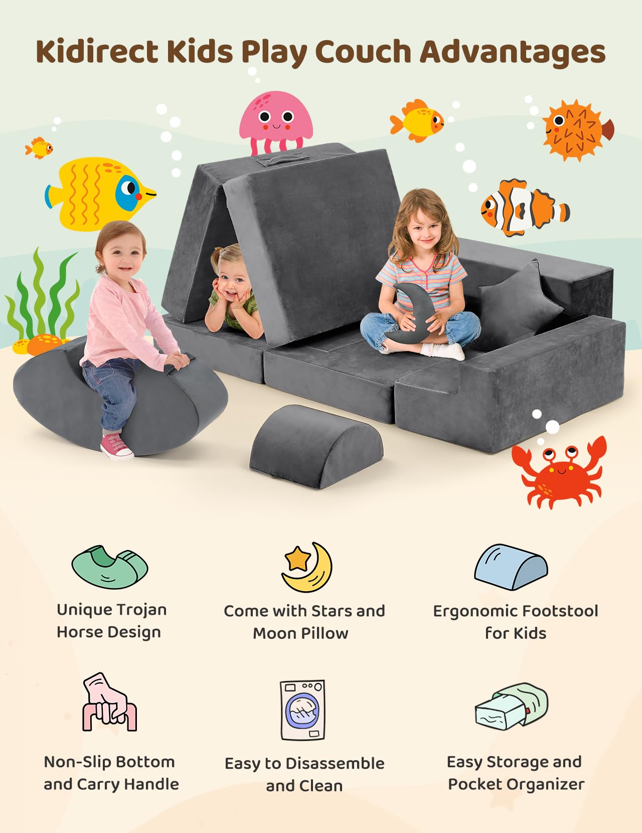 Modular Kids Play Couch with Rocking Horse Cushion and Star Moon Pillows