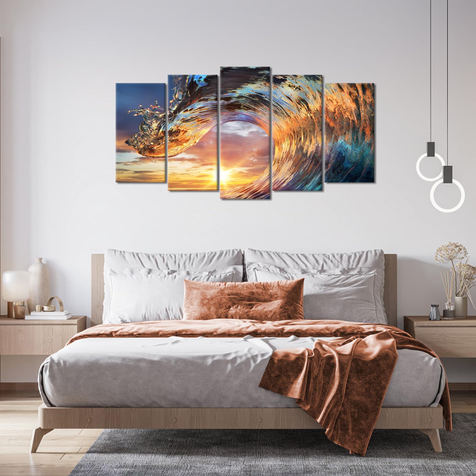 Large 5 Piece Sea Waves Canvas Wall Art Sunset Ocean Wave