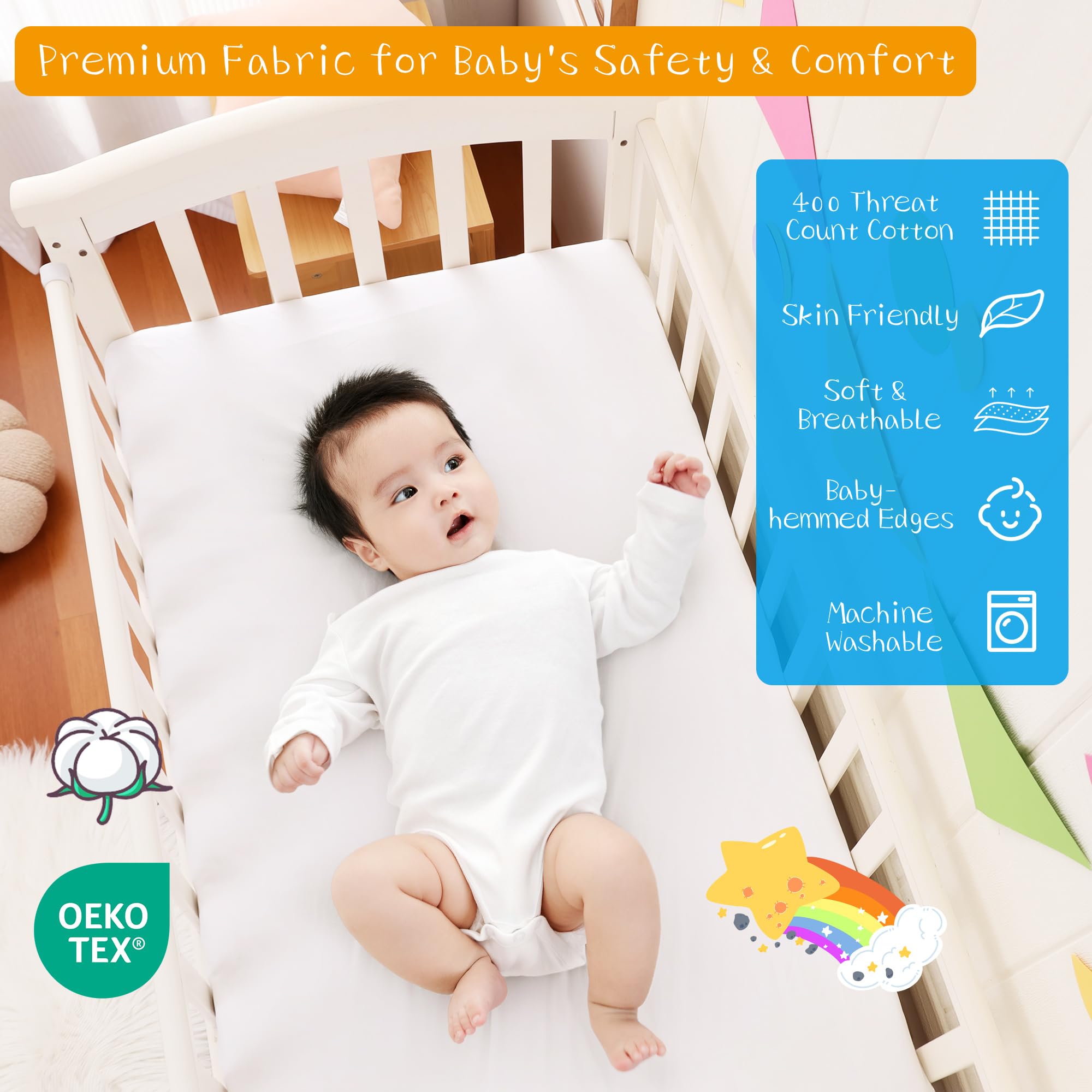 Crib Bed Skirt Dust Ruffle 100% Cotton - Natural, Soft, Breathable for Baby's Delicate Skin, Nursery Toddler Crib Bed Skirt for Baby Boys Girls, Fits Standard Cribs 28" x 52" with 14" Drop