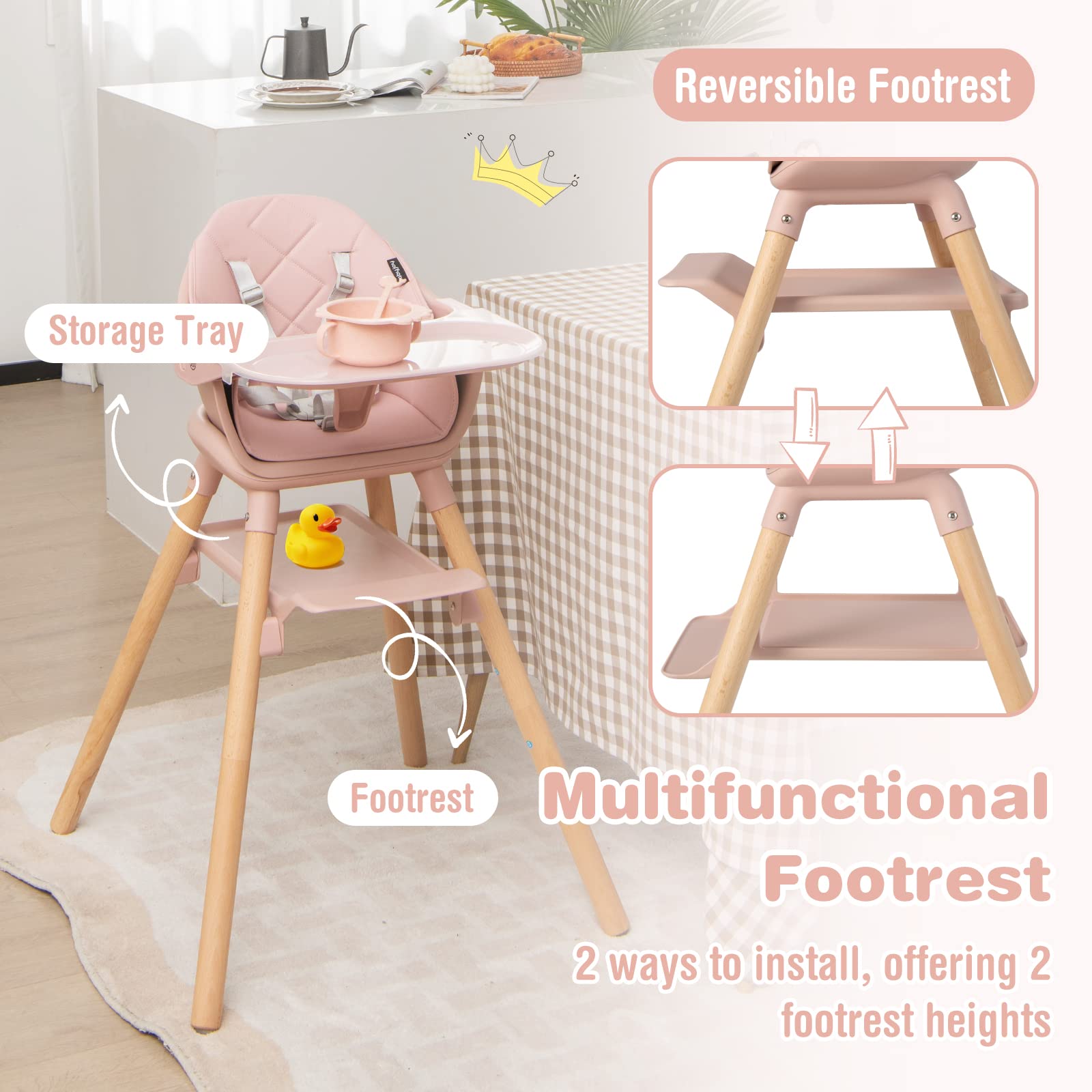 6-in-1 Convertible Wooden Baby High Chair with Adjustable Legs and Removable Tray
