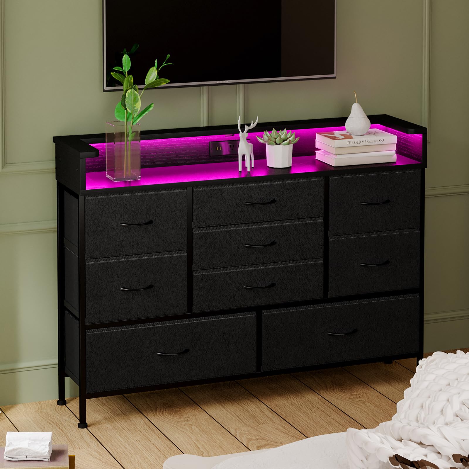 Black Dresser with Charging Station and LED Lights