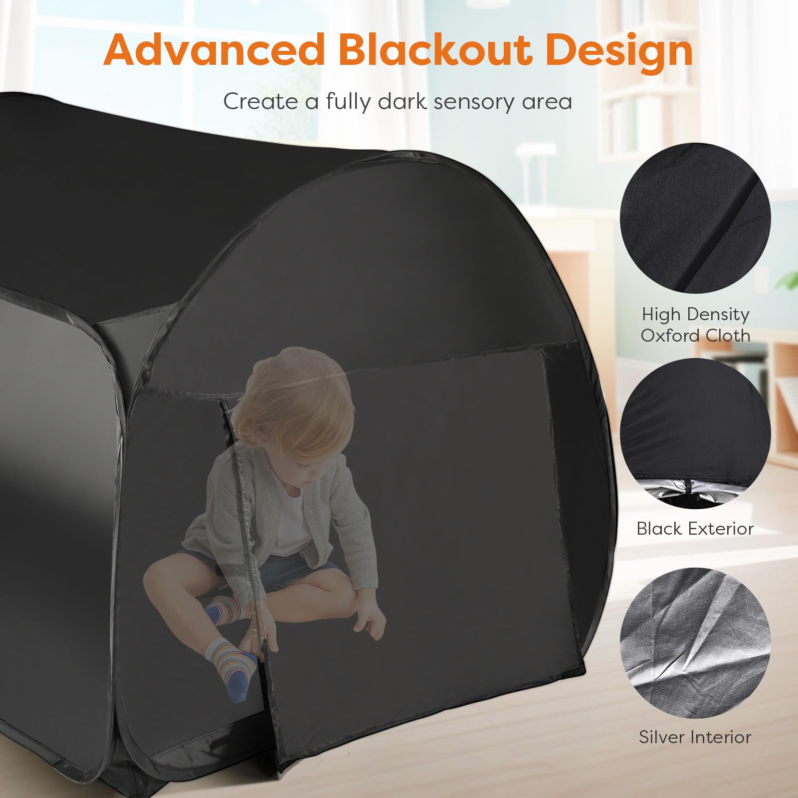 Sensory Tent for Kids with Autism,47x47x47in Blackout Sensory Room Pop-up Play Tent,Calm Corner for Children to Play and Relax,Helps with Autism, SPD,Anxiety & Improve Focus