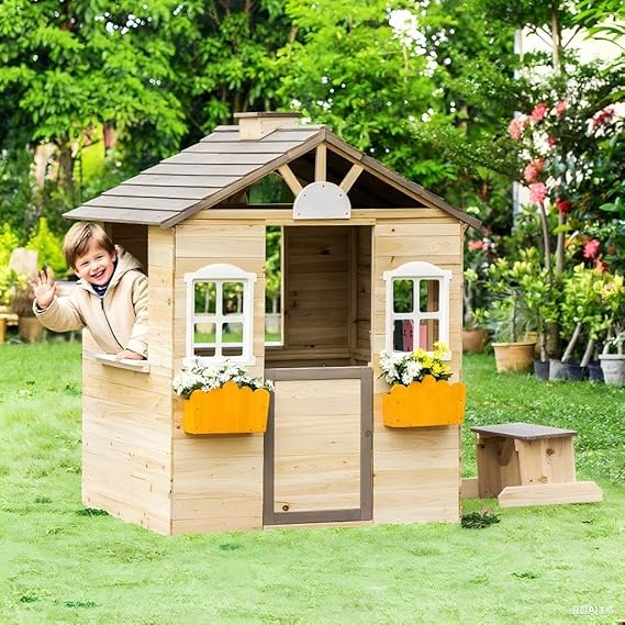 Kids Outdoor Playhouse with Door & 2 Windows - Wooden Backyard Play House
