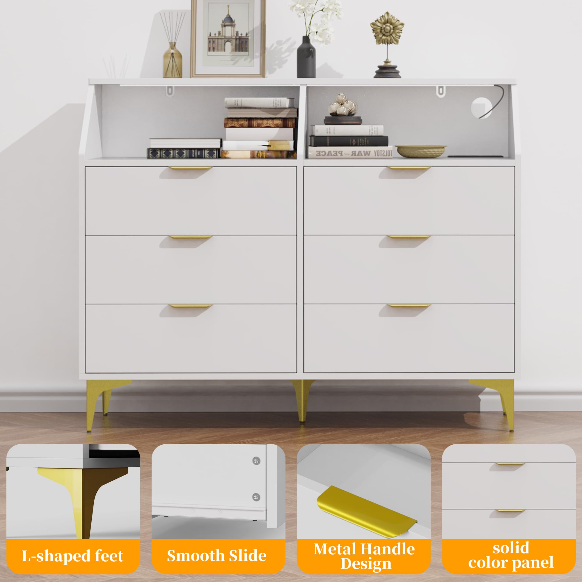6 Drawer Dresser with Charging Station and LED Lights