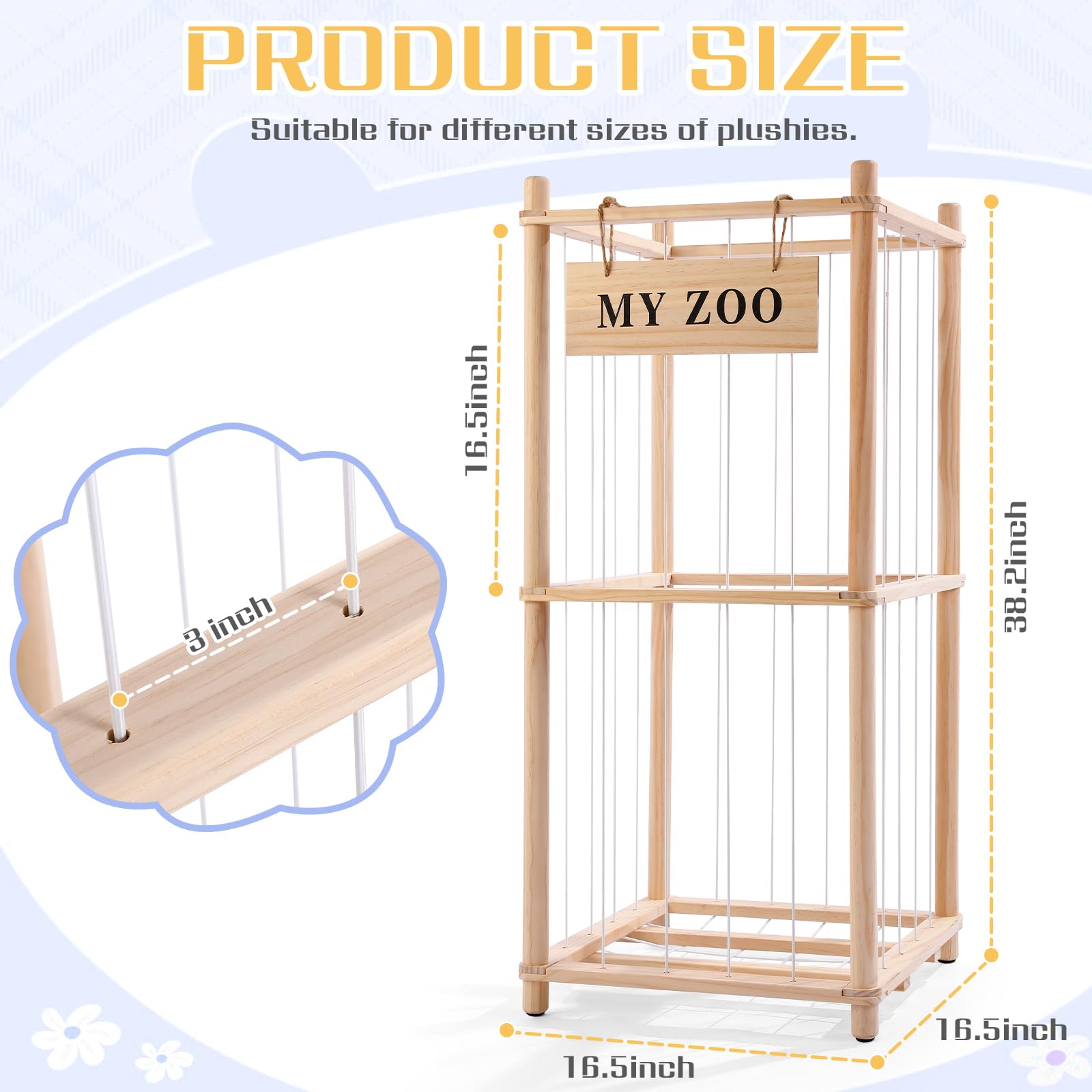 Wooden Stuffed Animal Storage Zoo Organizer with Elastic Cords