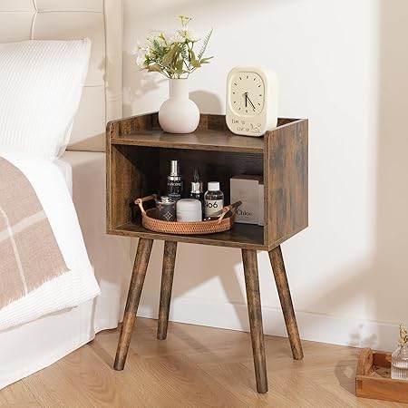 Mid Century Modern Nightstand Small Side Table with Storage Shelf